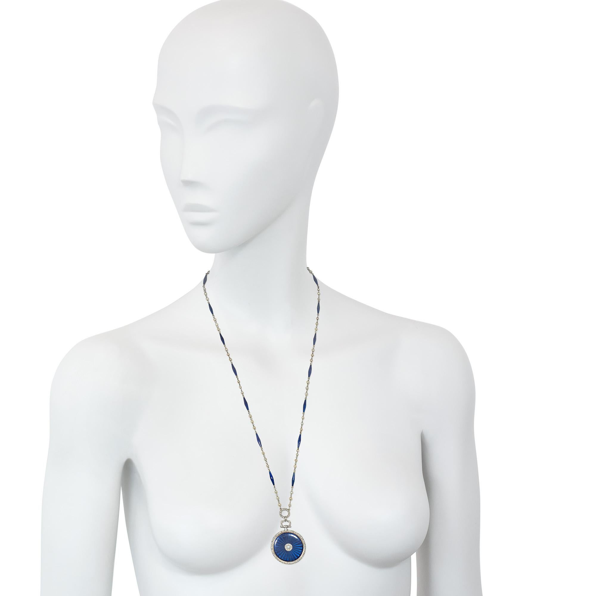 Women's or Men's Cartier Belle Epoque Blue Enamel, Diamond, and Pearl Pendant Watch on Chain