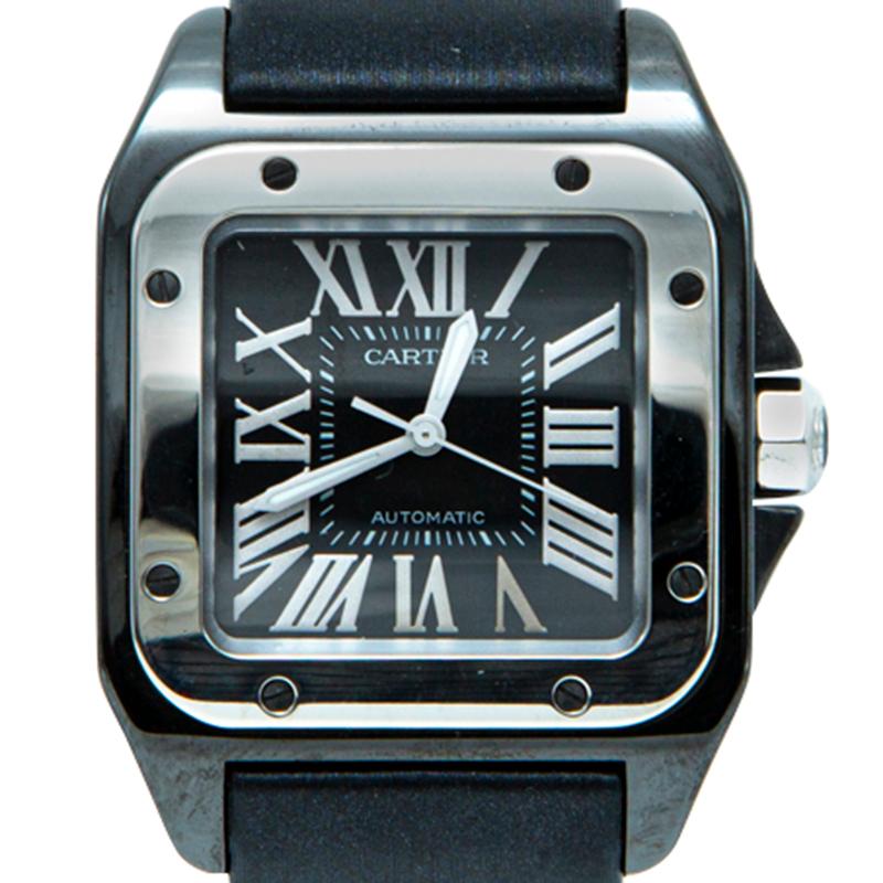 This Cartier watch features stainless steel and black PVD stainless steel case. It comes with a black leather bracelet with fabric graining on front. This watch comes with a classic black dial with Roman numerals, powered by a self-winding automatic