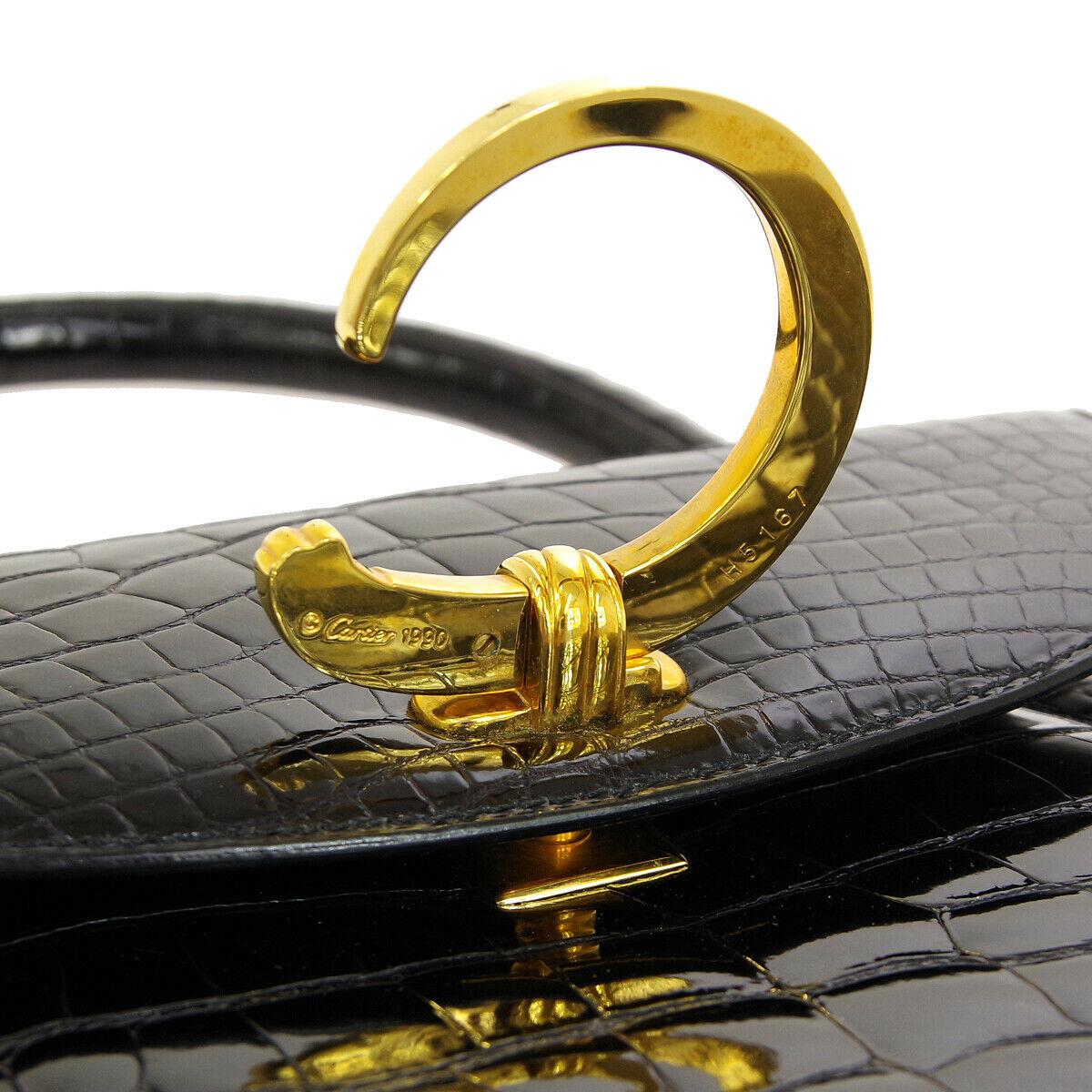 Women's Cartier Black Crocodile Exotic Leather Gold Emblem Kelly Top Handle Satchel Bag