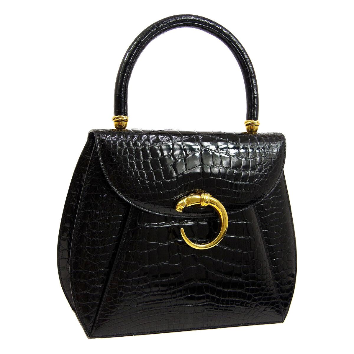 Cartier Black Crocodile Exotic Leather Gold Emblem Kelly Top Handle Satchel Bag
