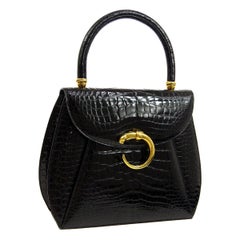 Retro Cartier Black Crocodile Exotic Leather Gold Emblem Kelly Top Handle Satchel Bag