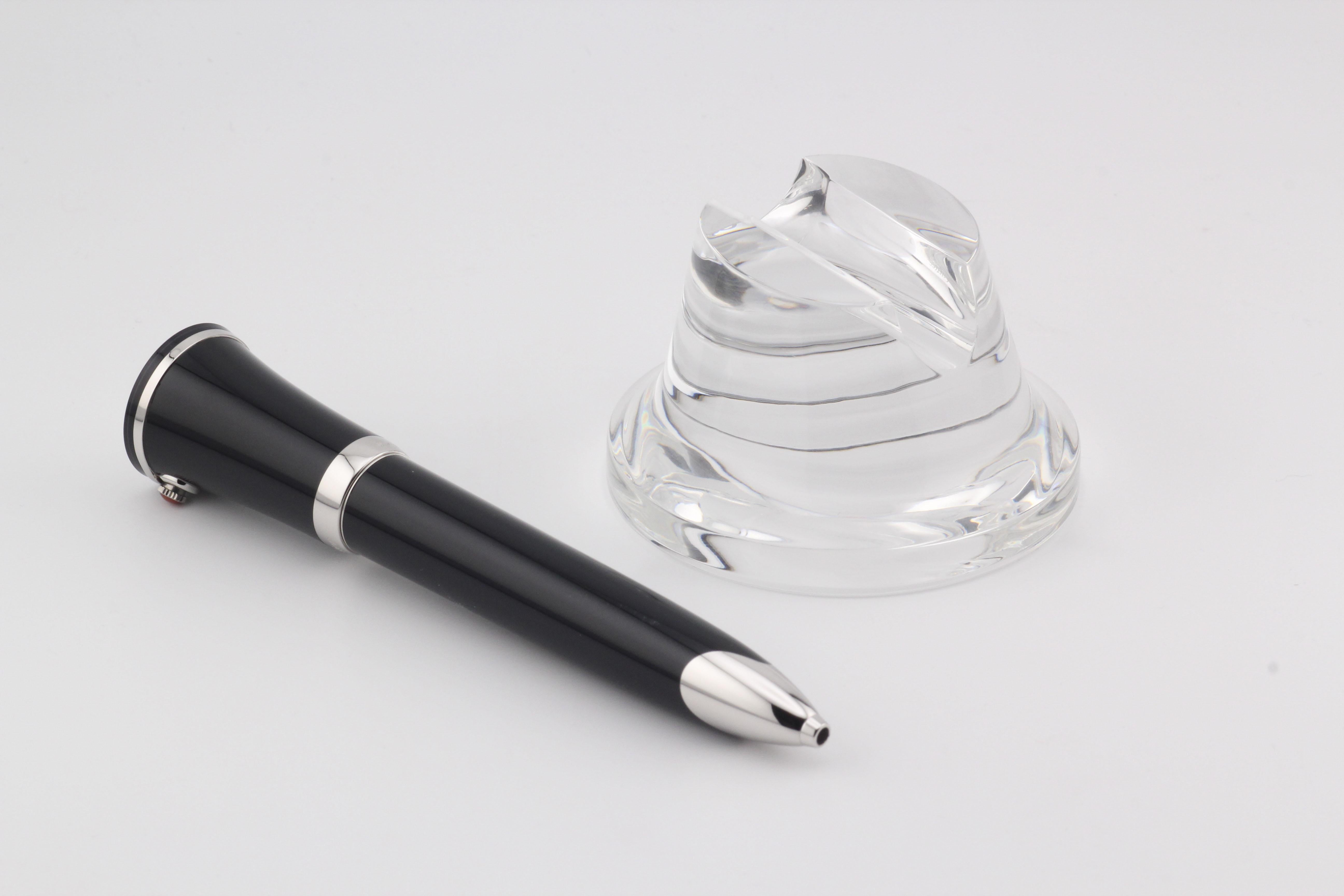 Cartier Black Lacquer Ballpoint Pen Watch w/ Crystal Stand Limited Edition In Good Condition In Simpsonville, SC