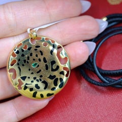 Cartier Black Lacquer Emerald Circle Medallion with Cord Necklace Pendant 18KY