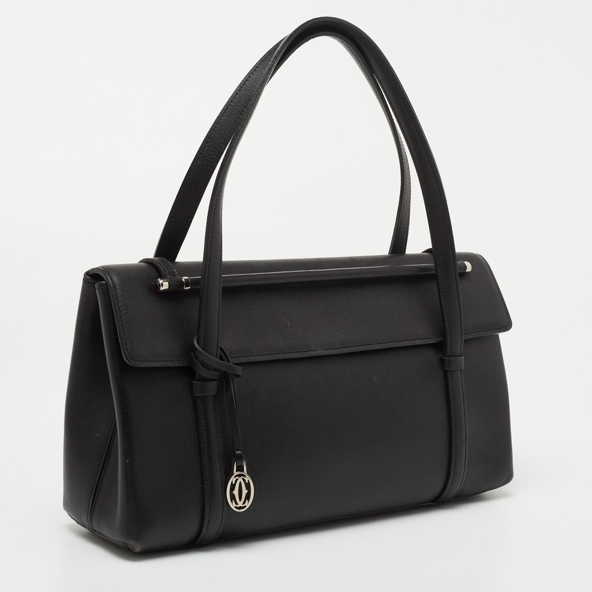 Women's Cartier Black Leather Cabochon Flap Shoulder Bag