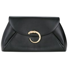 Cartier Black Leather Gold Emblem Evening Large Envelope Flap Clutch Bag