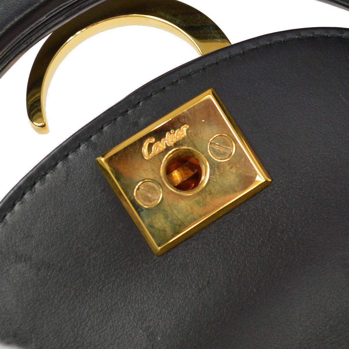 Cartier Black Leather Gold Emblem Top Handle Kelly Style Satchel Evening Bag In Excellent Condition In Chicago, IL
