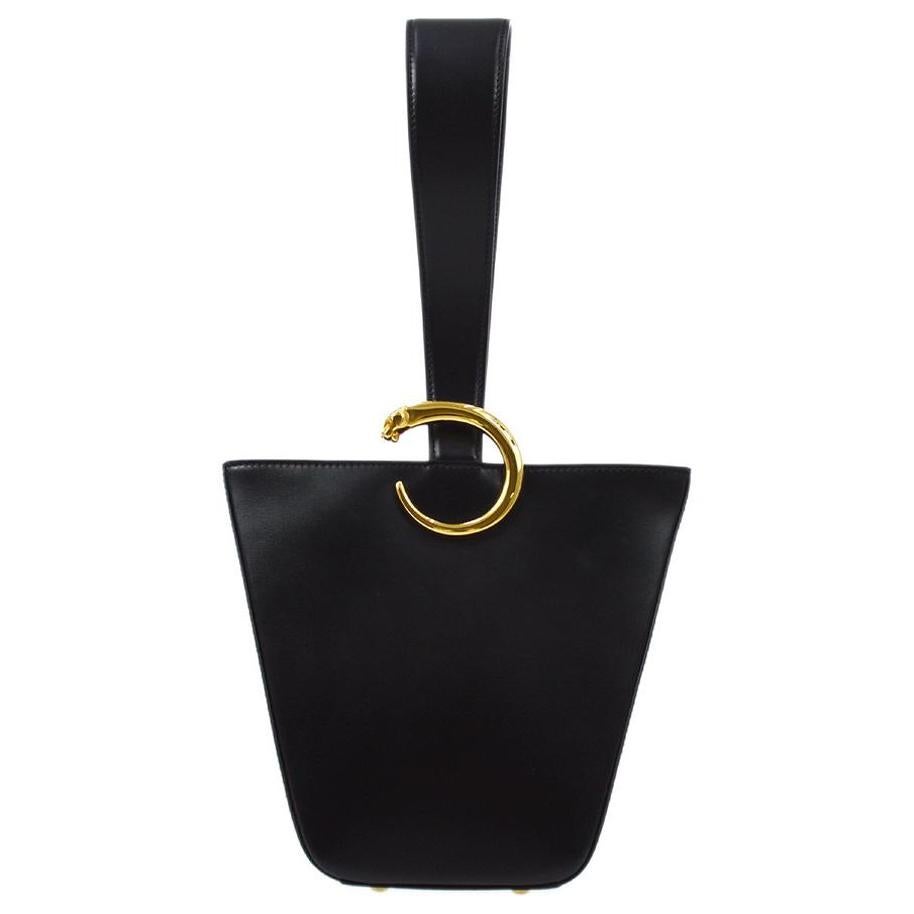 Cartier Black Leather Gold Small Mini Top Handle Satchel Sling Pochette Bag