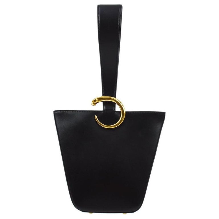 Cartier Black Leather Gold Small Mini Top Handle Satchel Sling Pochette Bag  For Sale at 1stDibs