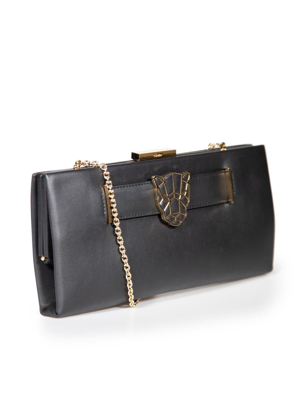 CONDITION is Very good. Hardly any visible wear to clutch bag is evident on this used Cartier designer resale item. Comes with original dust bag.
 
 
 
 Details
 
 
 Panthère
 
 Black
 
 Leather
 
 Clutch
 
 Gold tone hardware
 
 Panther buckle