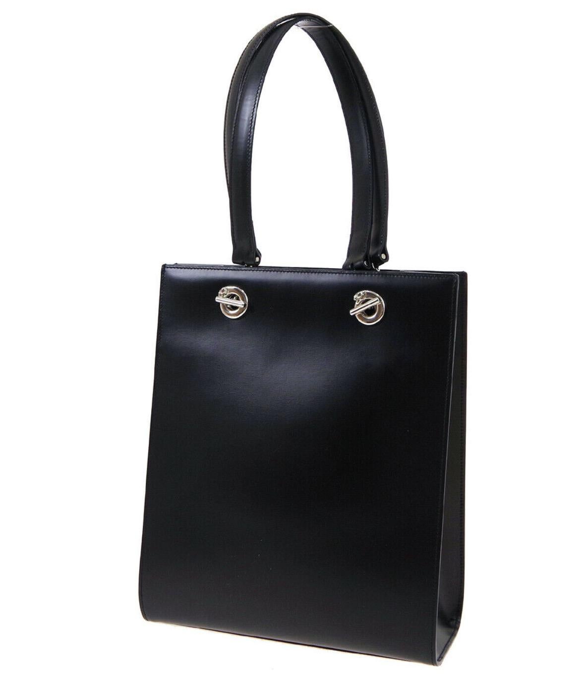 Cartier Black Leather Silver Logo Top Handle Satchel Tote Shoulder Bag In Good Condition In Chicago, IL