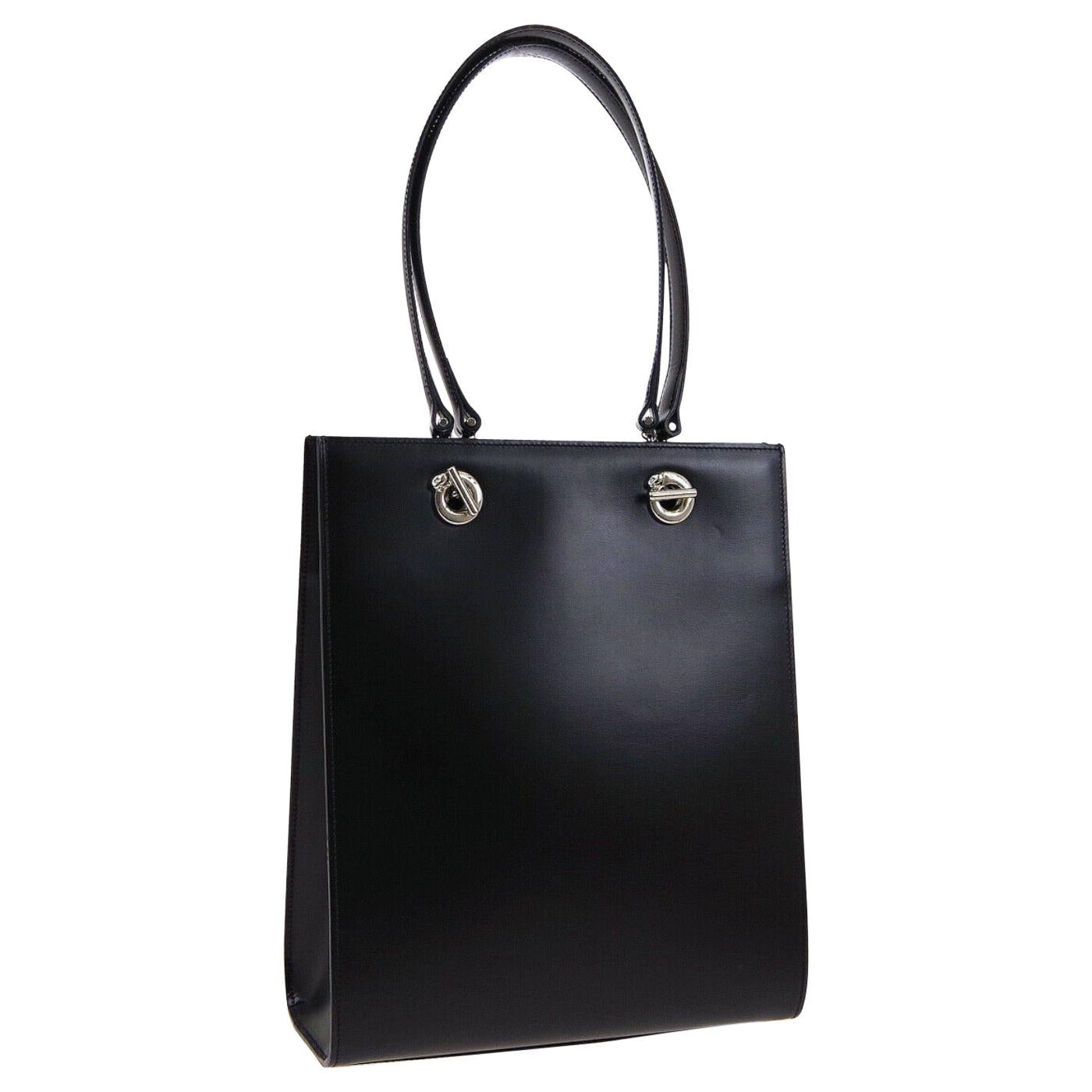 Cartier Black Leather Silver Logo Top Handle Satchel Tote Shoulder Bag