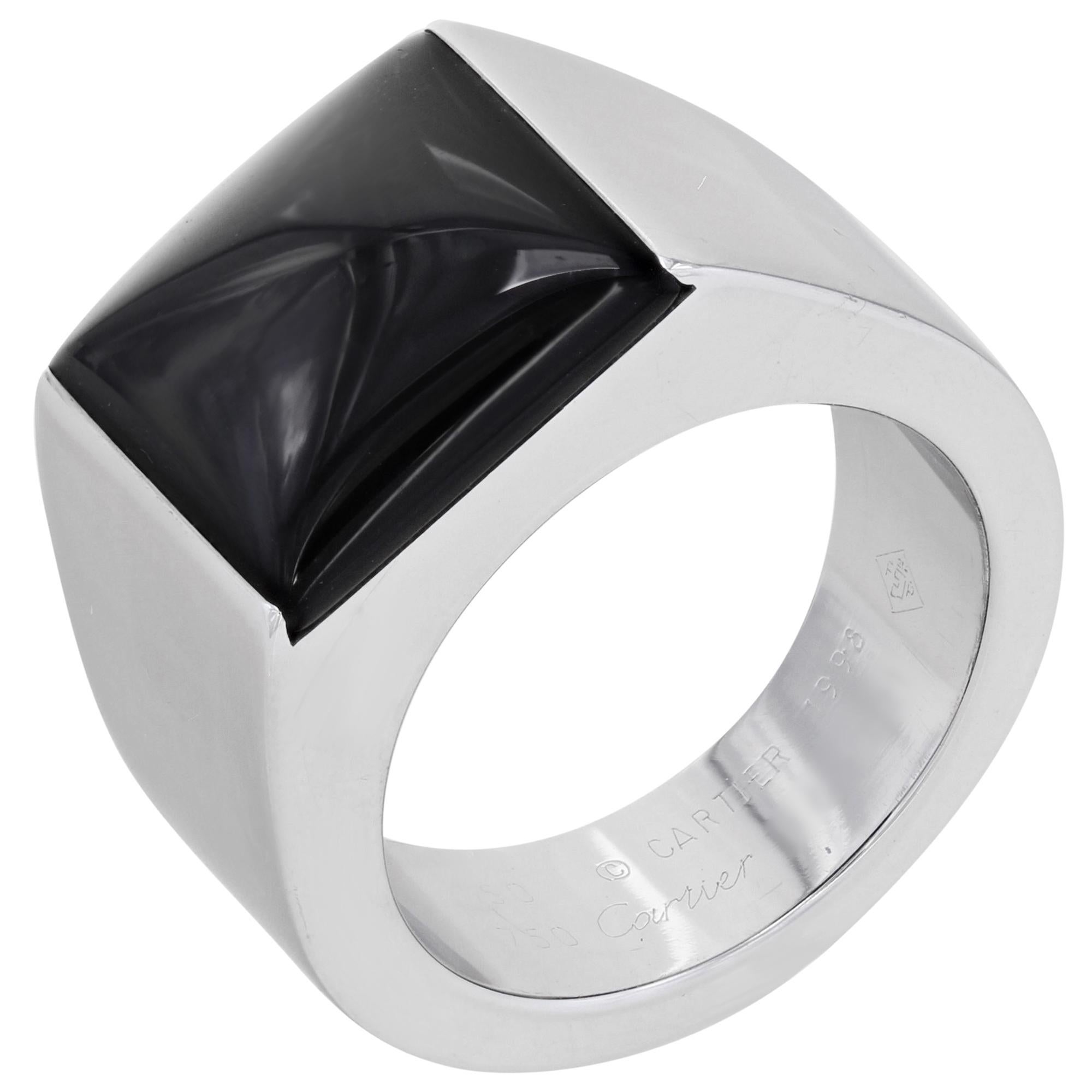 Cartier Black Onyx Large Tank Ladies Ring 18K White Gold In Excellent Condition In New York, NY