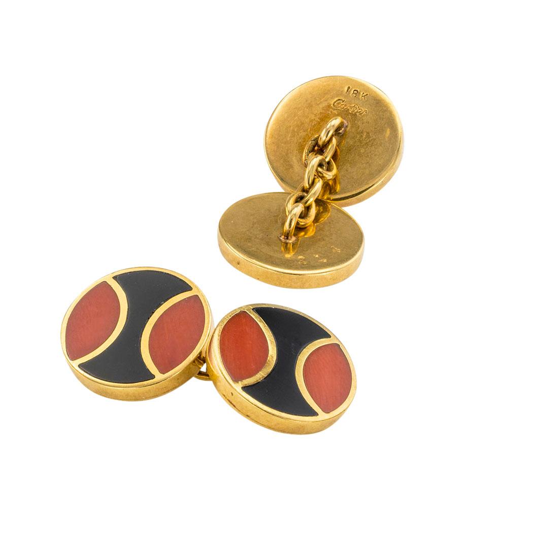 Modern Cartier Black Onyx Red Coral Yellow Gold Cufflinks