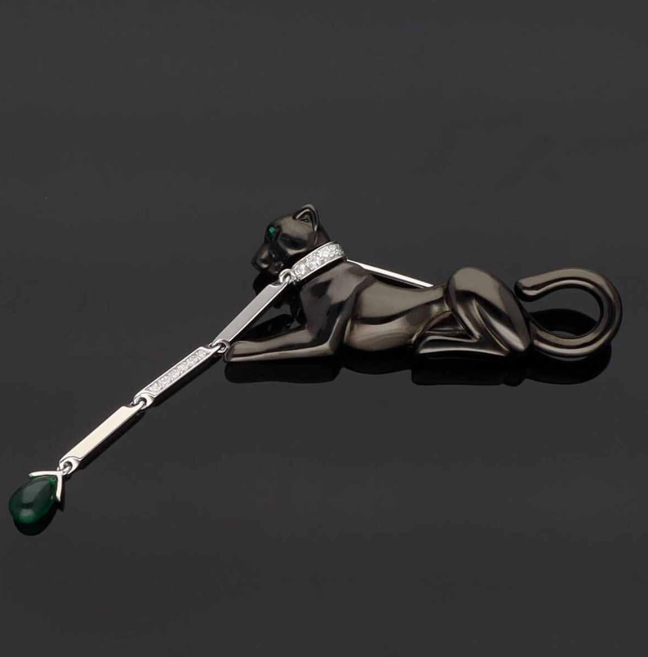 Cartier Black Panthere Diamond Emerald Black Finish 18K white gold Brooch For Sale 4