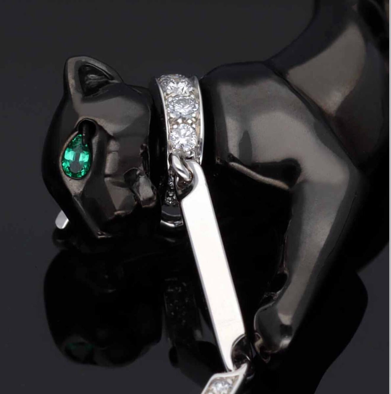 Cartier Black Panthere Diamond Emerald Black Finish 18K white gold Brooch For Sale 8