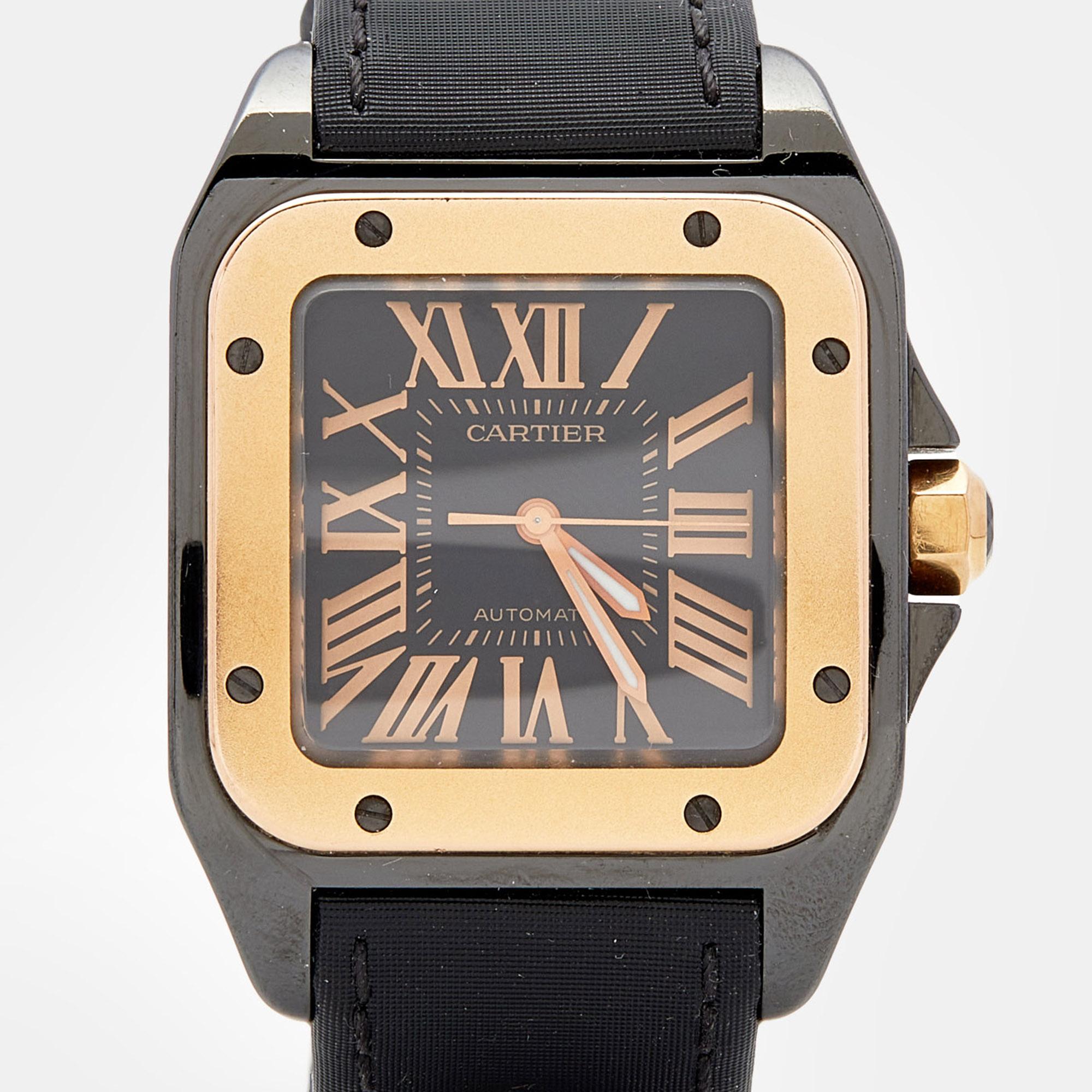 Women's Cartier Black PVD Coated Stainless Steel 18K Rose Gold Santos Wristwatch 33MM