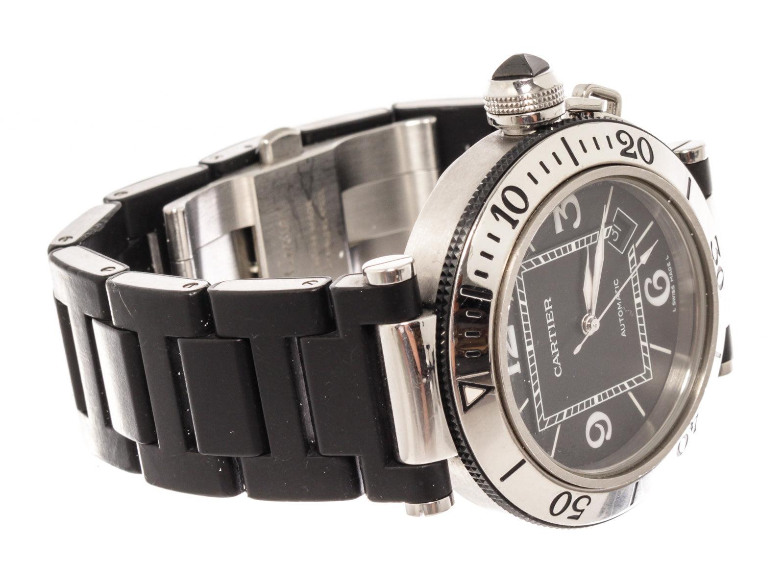 Cartier Black SS Pasha 40mm Watch with gold-tone hardware. 

550007MSC