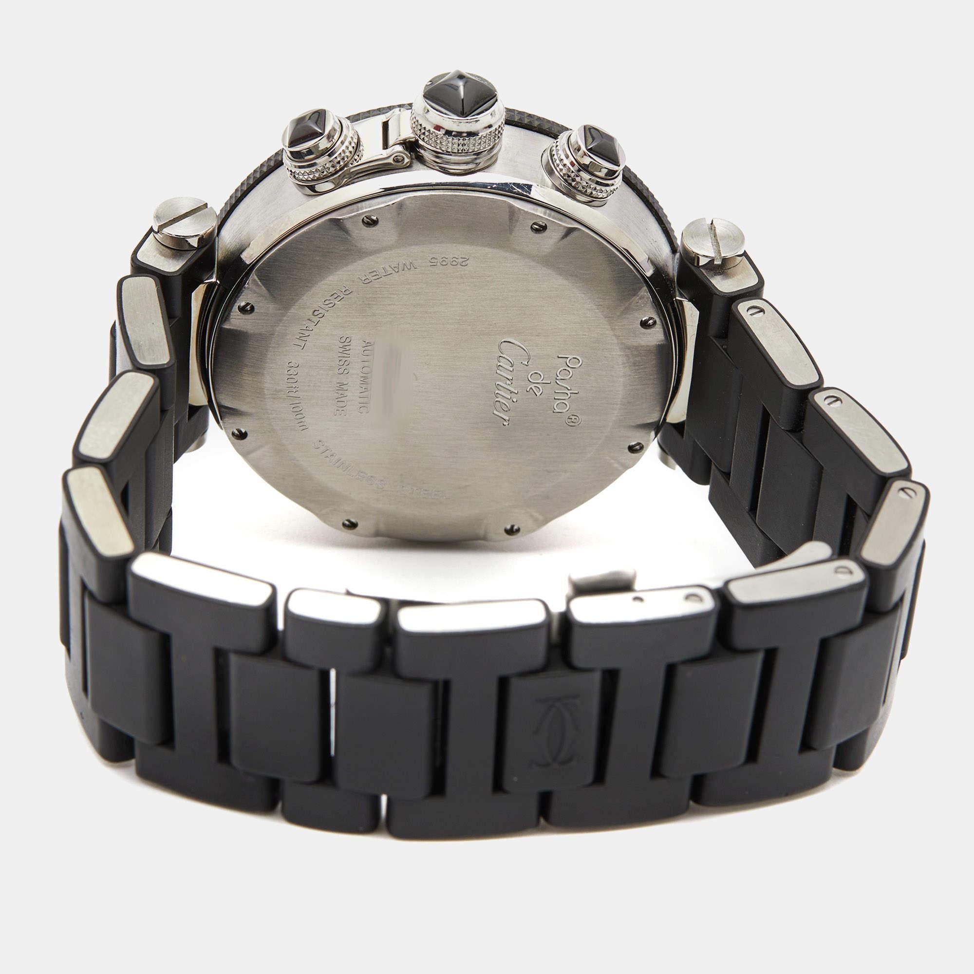 Cartier Black Stainless Steel Rubber Pasha Seatimer W31088U2 Men's Wristwatch 42 In Good Condition In Dubai, Al Qouz 2
