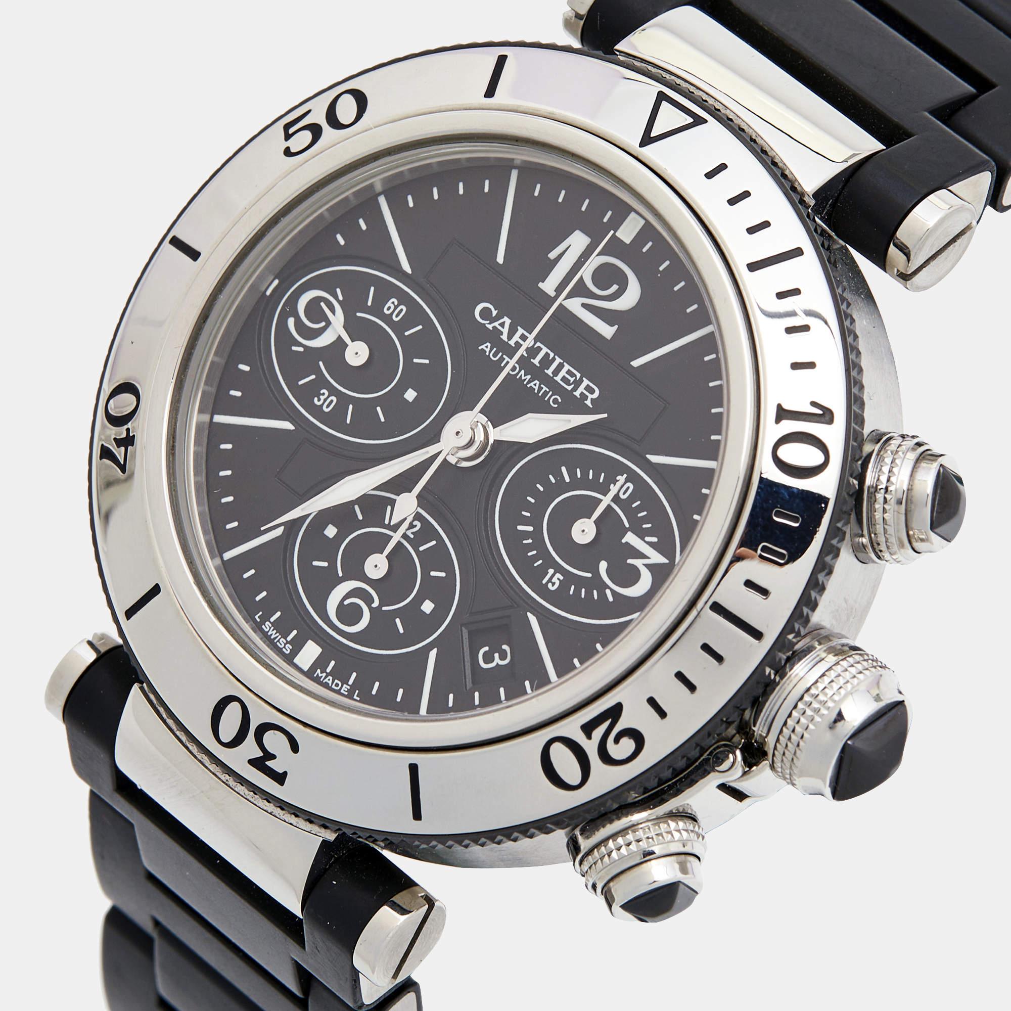 Cartier Black Stainless Steel Rubber Pasha Seatimer W31088U2 Men's Wristwatch 42 1