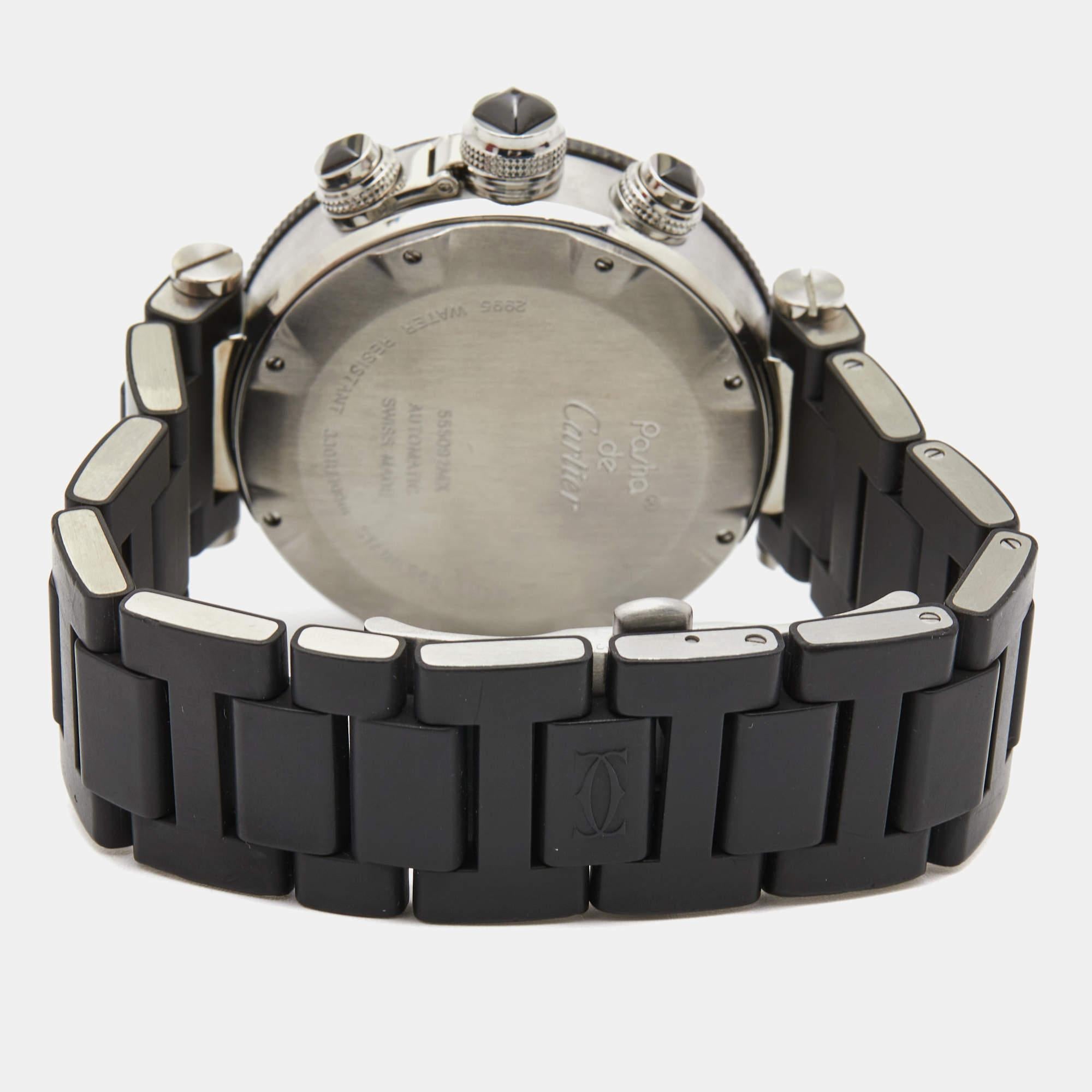 Montre-bracelet homme Cartier Pasha Seatimer W31088U2 en acier inoxydable noir et caoutchouc 42 en vente 1
