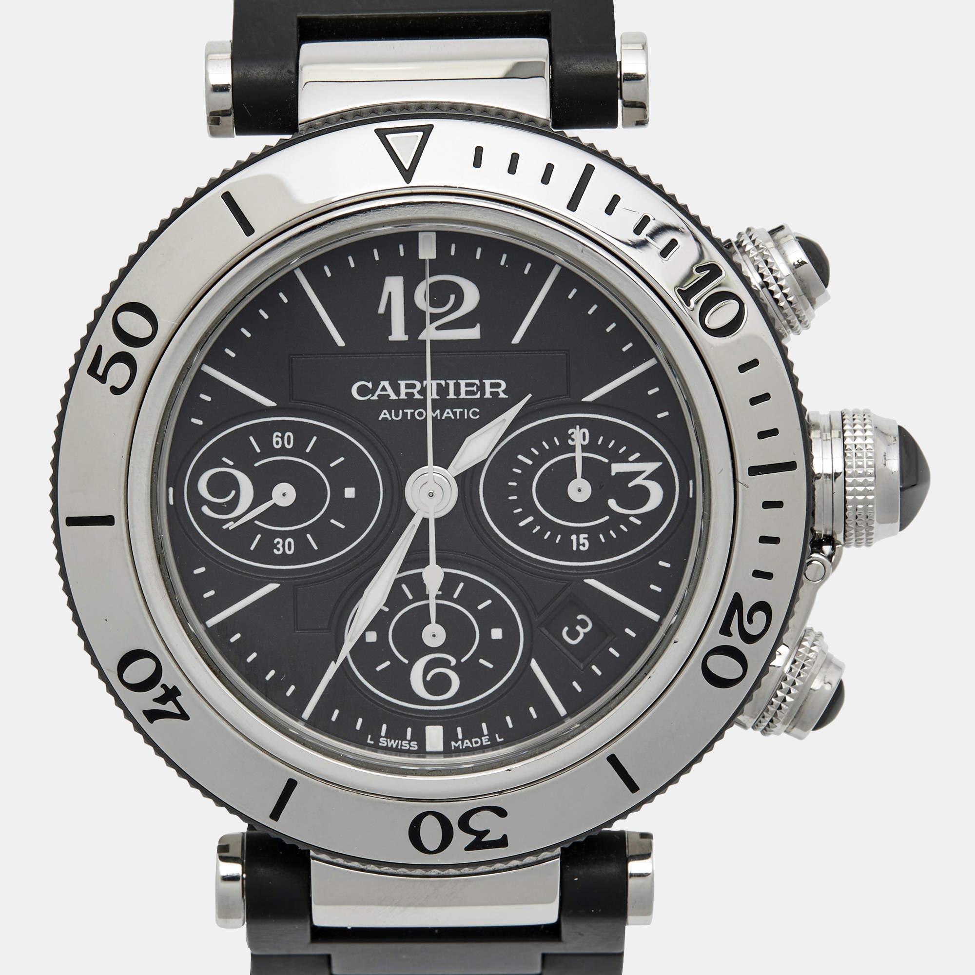 Cartier Black Stainless Steel Rubber Pasha Seatimer W31088U2 Men's Wristwatch 42 5