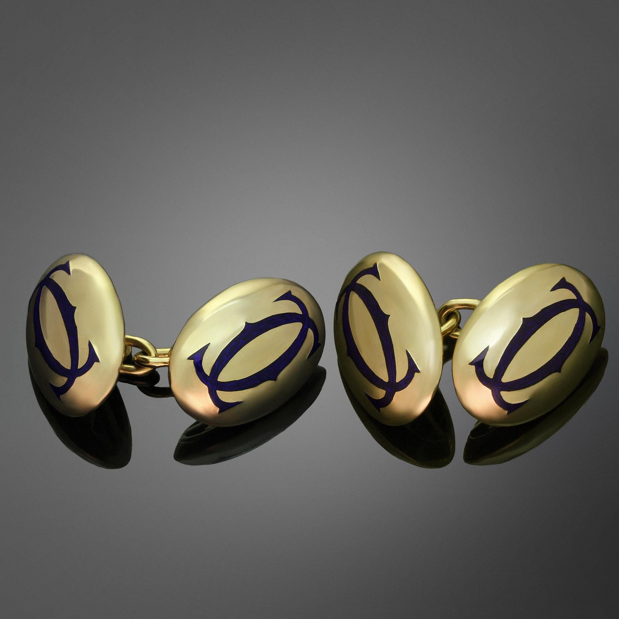 These classic oval Cartier cufflinks are crafted in 18k yellow gold and feature blue enamel accents. Made in France circa 1980s. Excellent condition. Comes in an unbranded gift box.