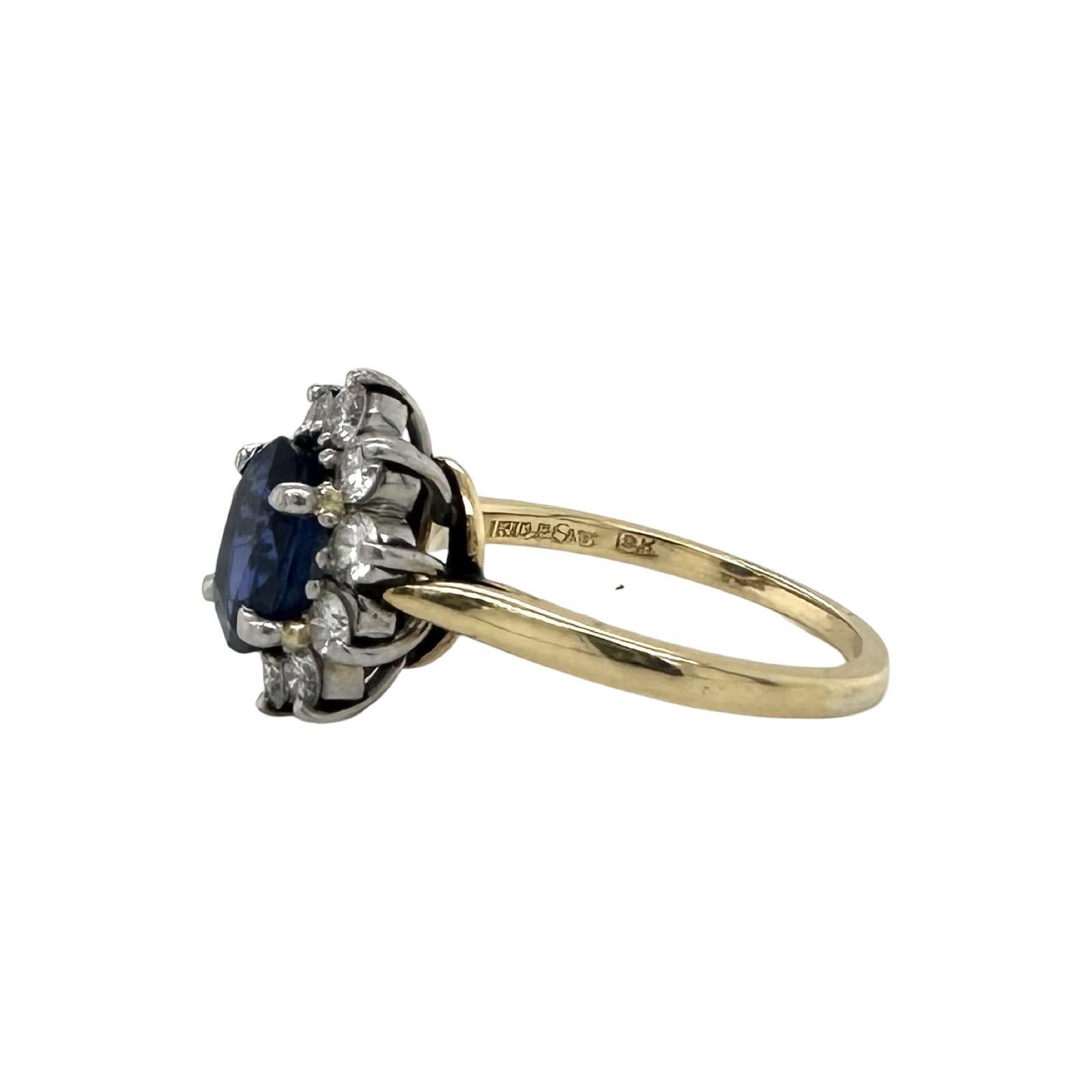 Designer: Cartier
Style: Engagement Ring
Stones: Blue Sapphire, 10 Round Diamonds
Carat Weight: approx. 2 ct sapphire
Material: 18k Yellow Gold, Platinum
Ring Size: 5.5 (can be sized by bringing it to Cartier or upon request - final sale)
Year: