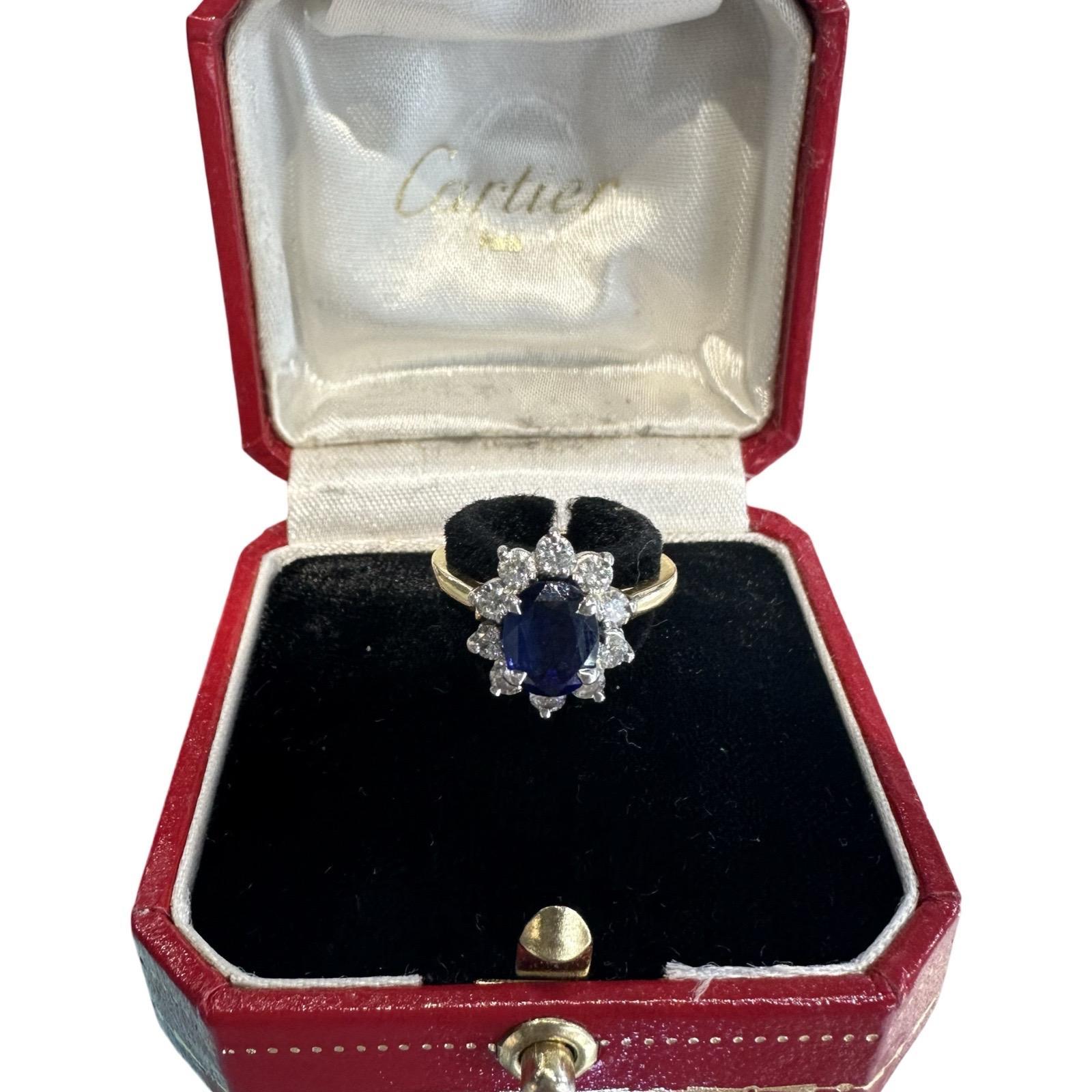 Cartier Blue Sapphire Diamond Engagement Ring in 18k Yellow Gold & Platinum In Good Condition In Miami, FL