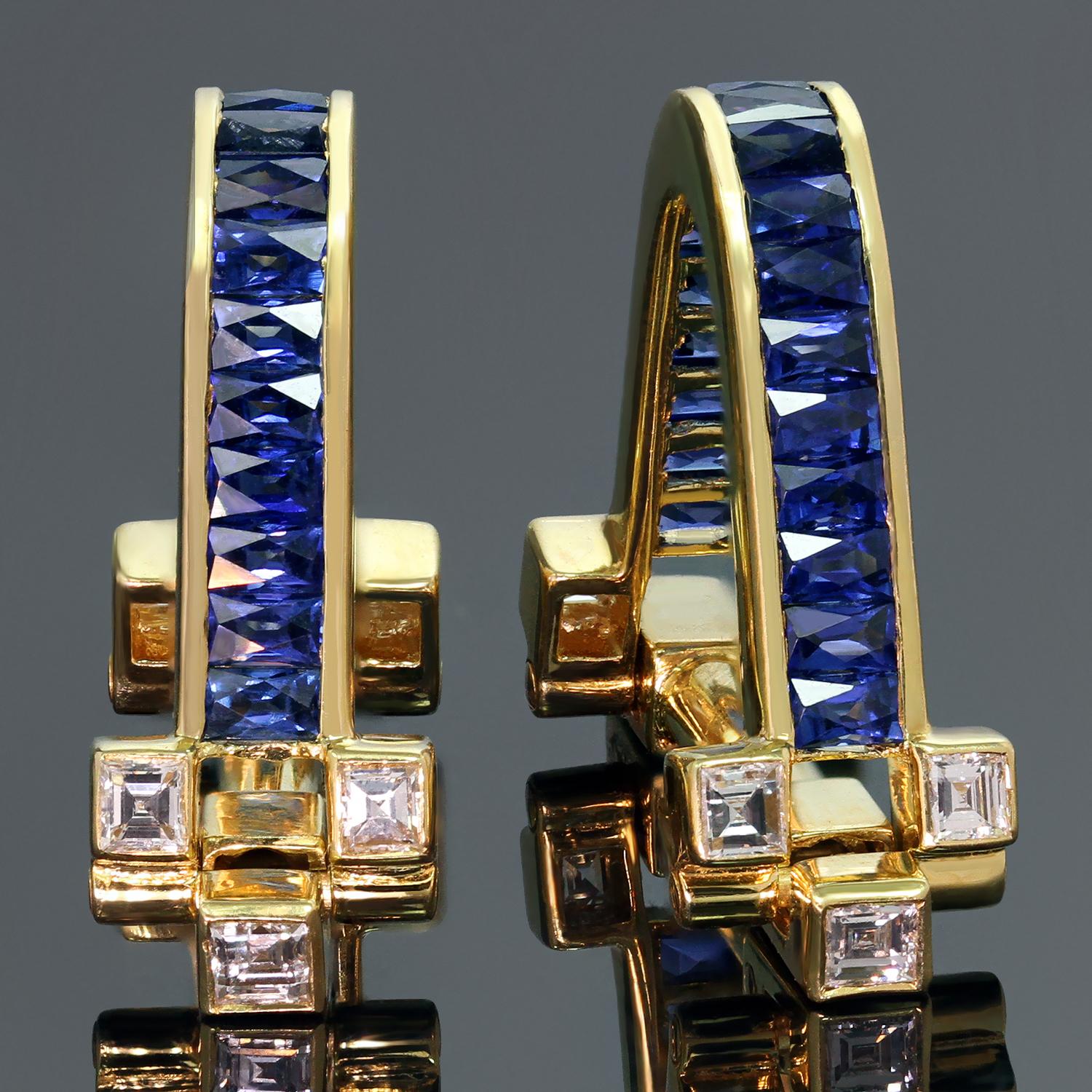 These classic Cartier cufflinks feature an arched link design crafted in 18k yellow gold and set with 38 rectangular French-cut blue sapphires, measuring approximately 2.0mm x 3.0mm and weighing an estimated 4.00 carats, and 12 square-step cut F