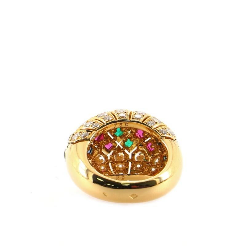 Condition: Very good. Shows signs of minor wear. One of the emeralds is chipped.
Accessories: No Accessories
Measurements: Size: 6.25 - 53, Width: 15.85 mm
Designer: Cartier
Model: Bombe Ring 18K Yellow Gold with Diamonds, Rubies, Sapphires and