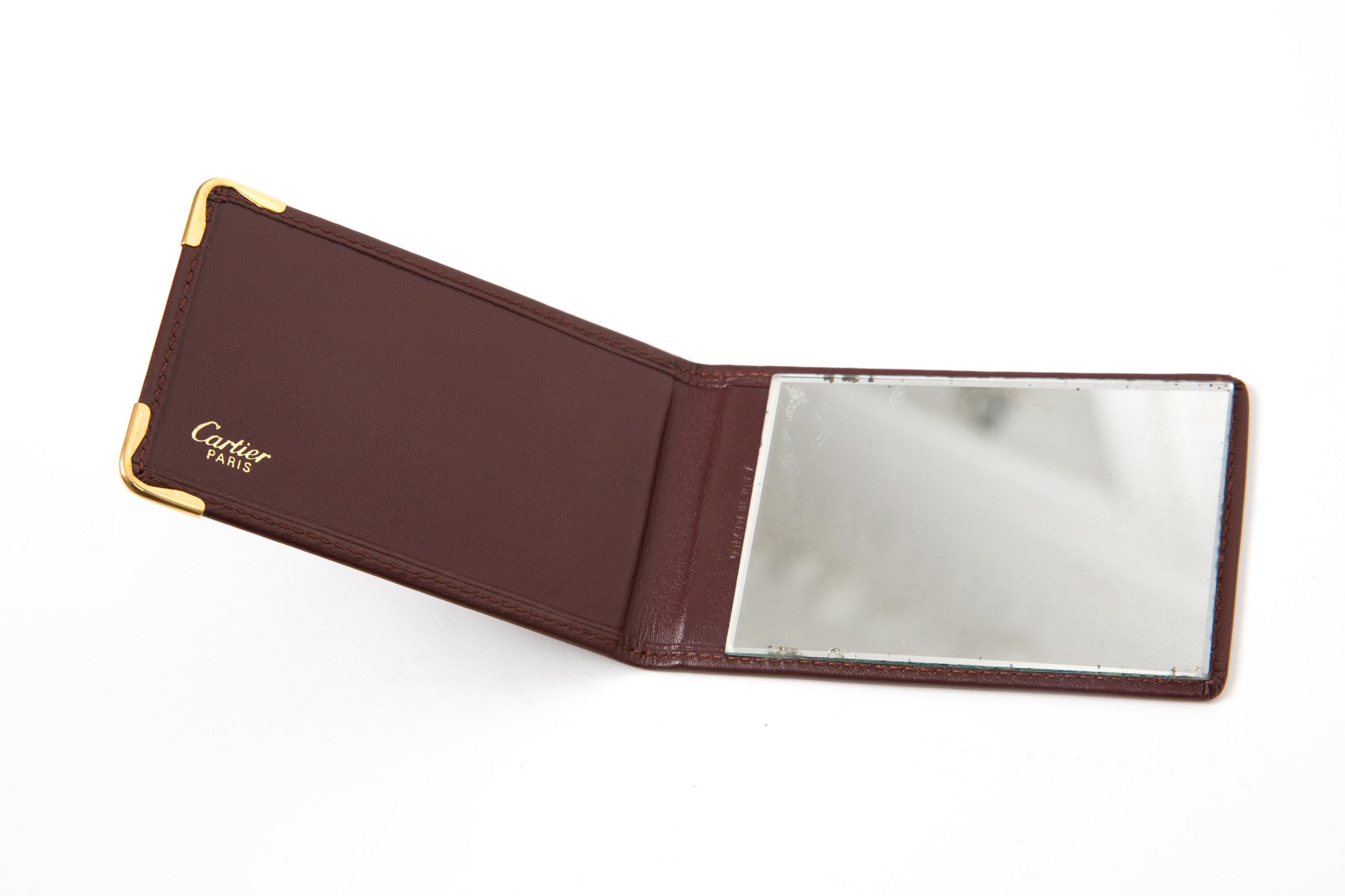 Cartier Bordeaux Leather Bordeaux Pocket Mirror In Good Condition For Sale In Paris, FR