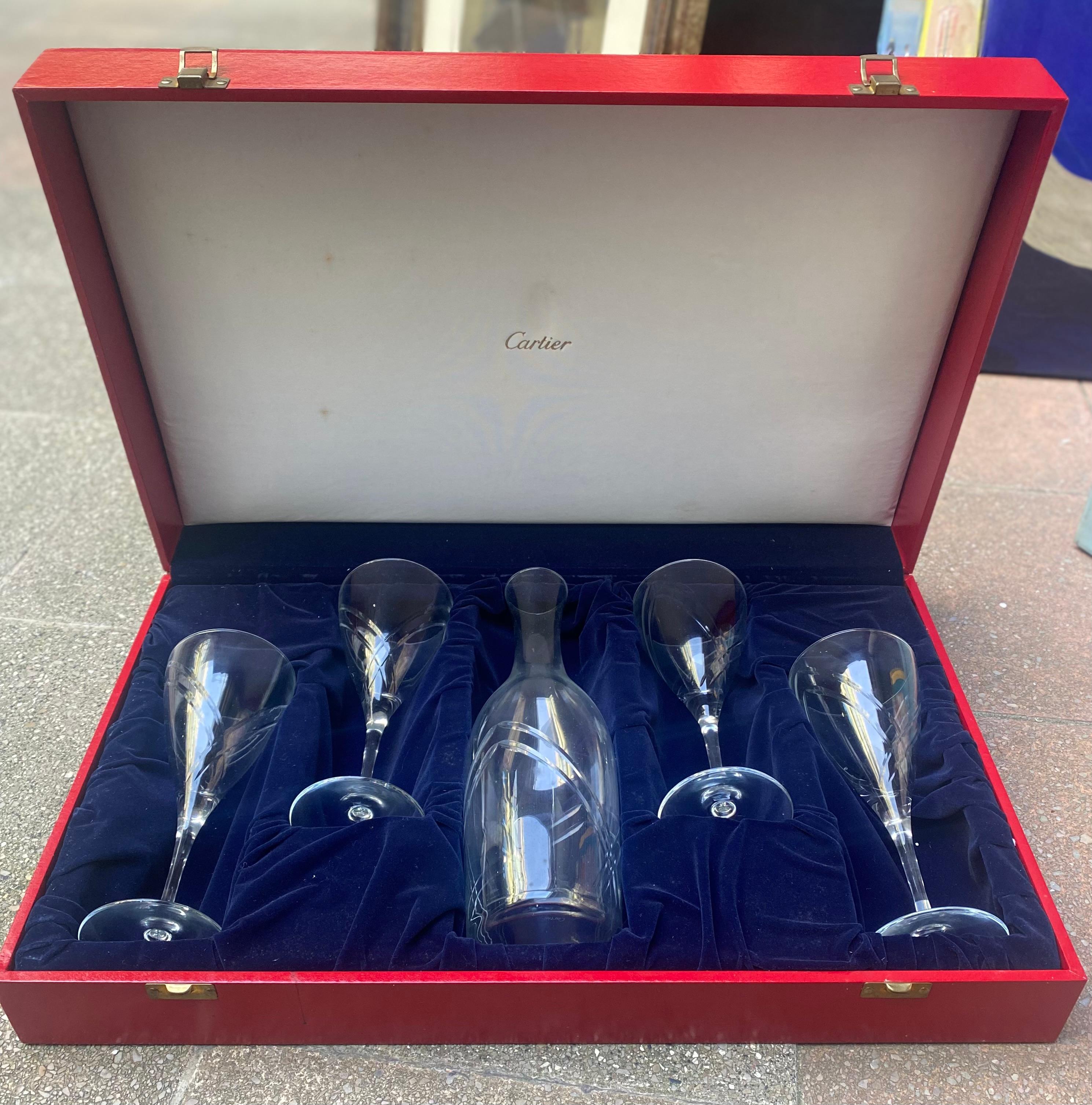Mid-20th Century Cartier Box Consisting of 4 Water Glasses and a Crystal Water Carafe - 1960s For Sale