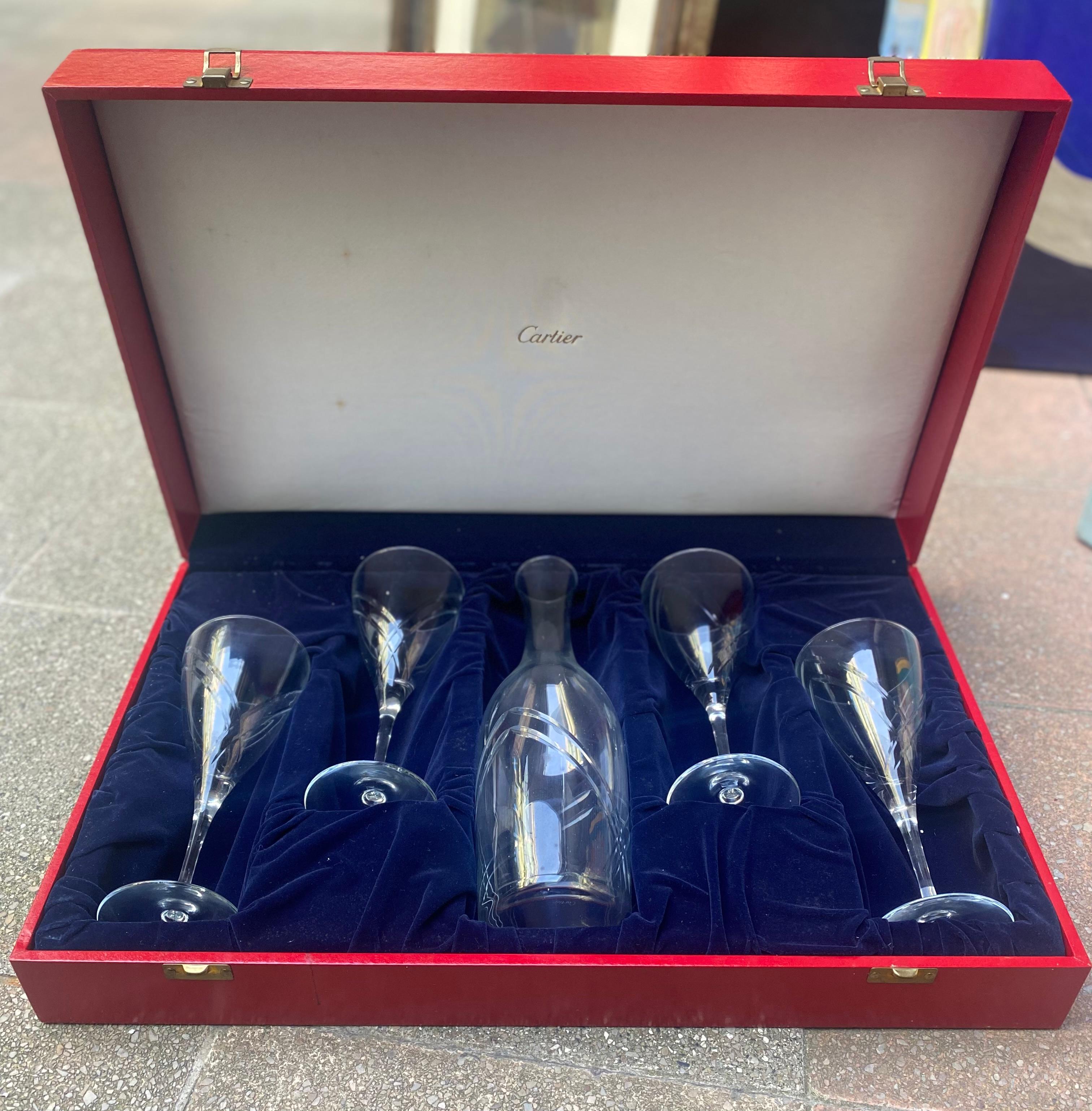 Cartier Box Consisting of 4 Water Glasses and a Crystal Water Carafe - 1960s For Sale 1