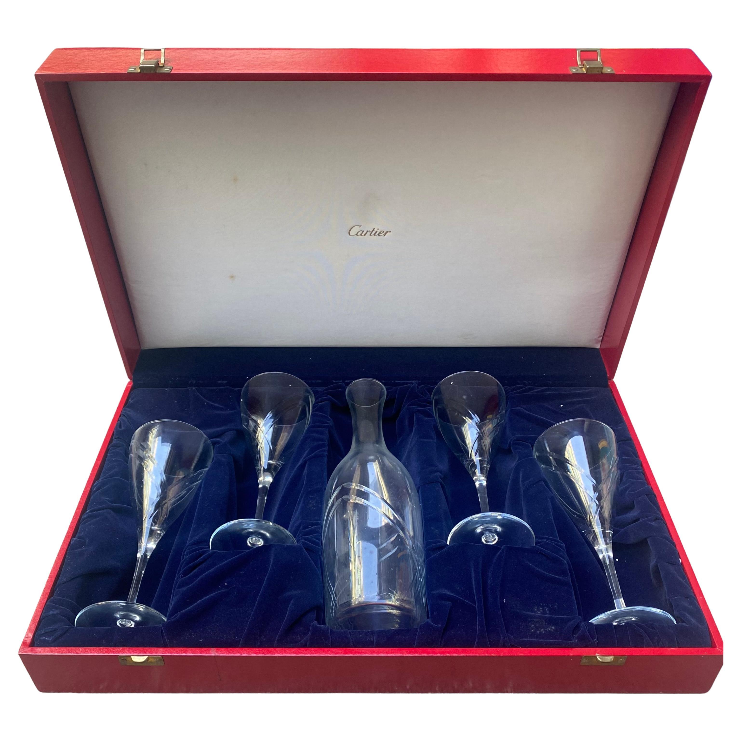 Cartier Box Consisting of 4 Water Glasses and a Crystal Water Carafe - 1960s For Sale