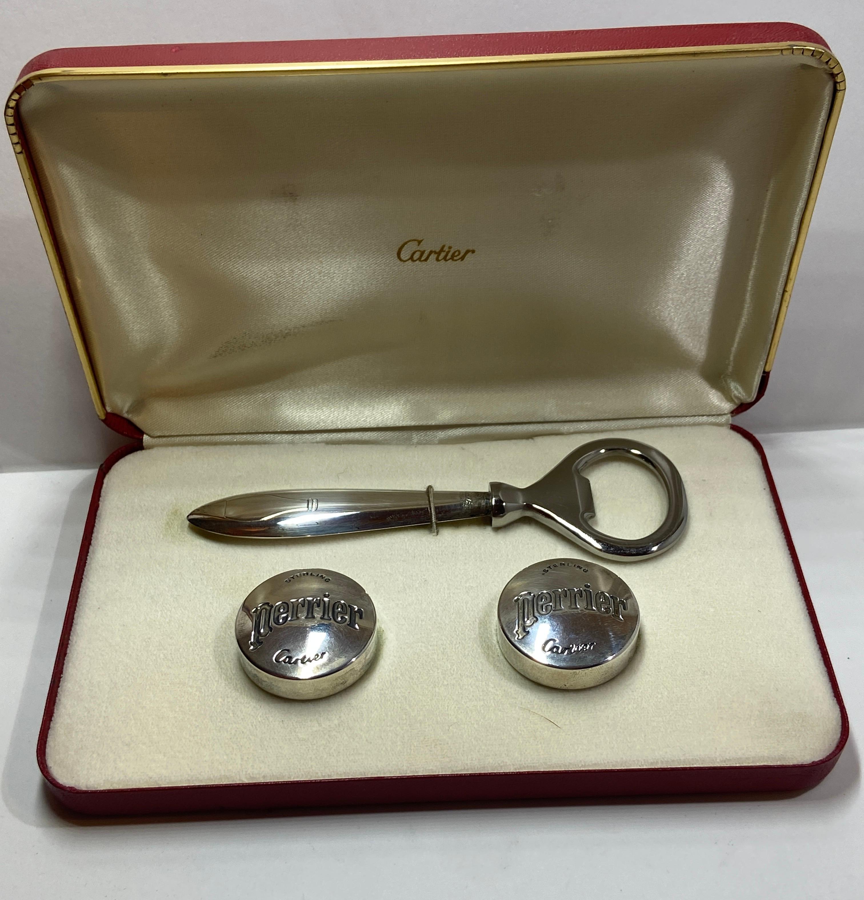 Cartier Boxed Sterling Silver Set of Perrier Bottle Caps and Bottle Opener For Sale 7