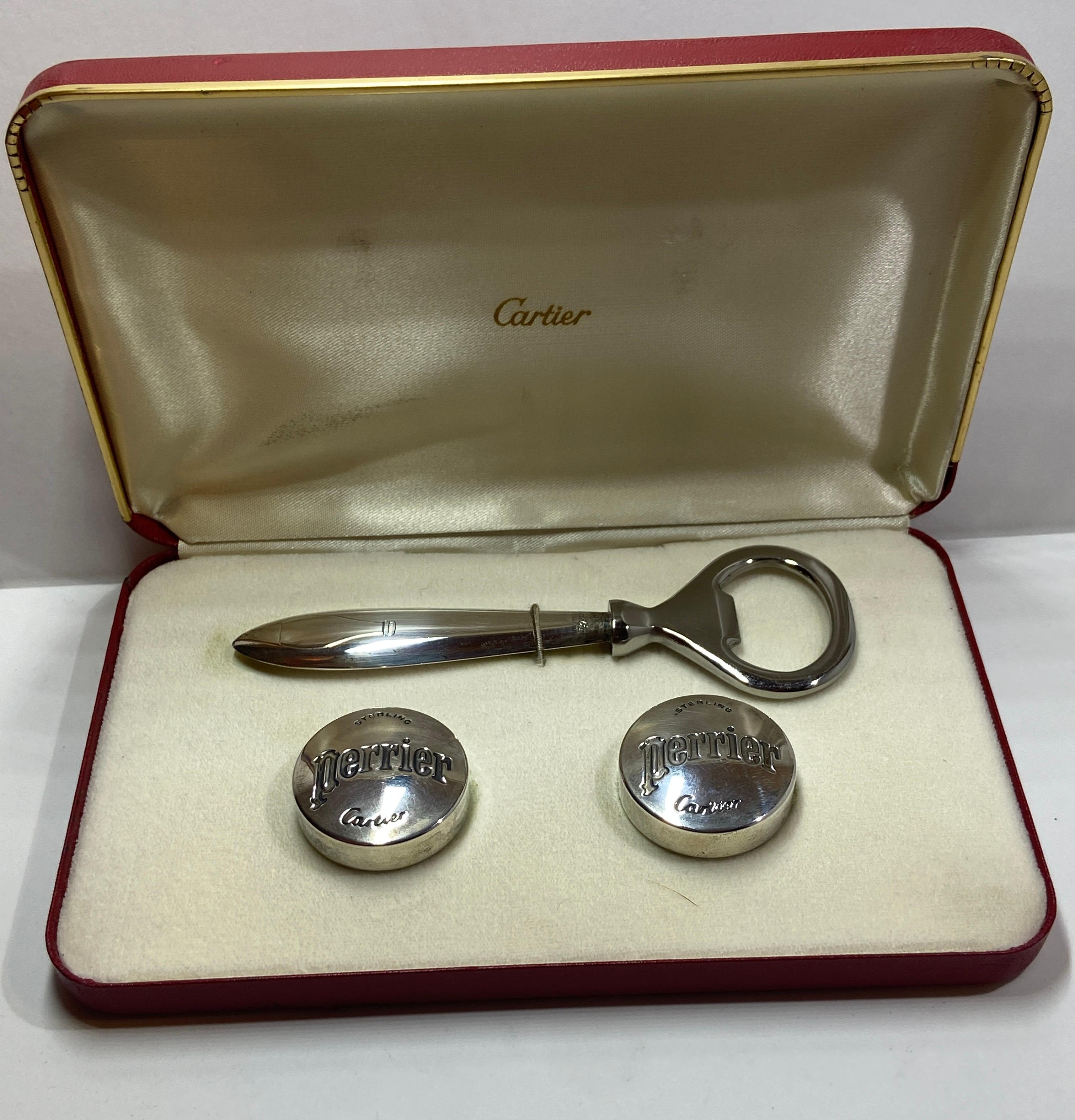 Cartier Boxed Sterling Silver Set of Perrier Bottle Caps and Bottle Opener 6