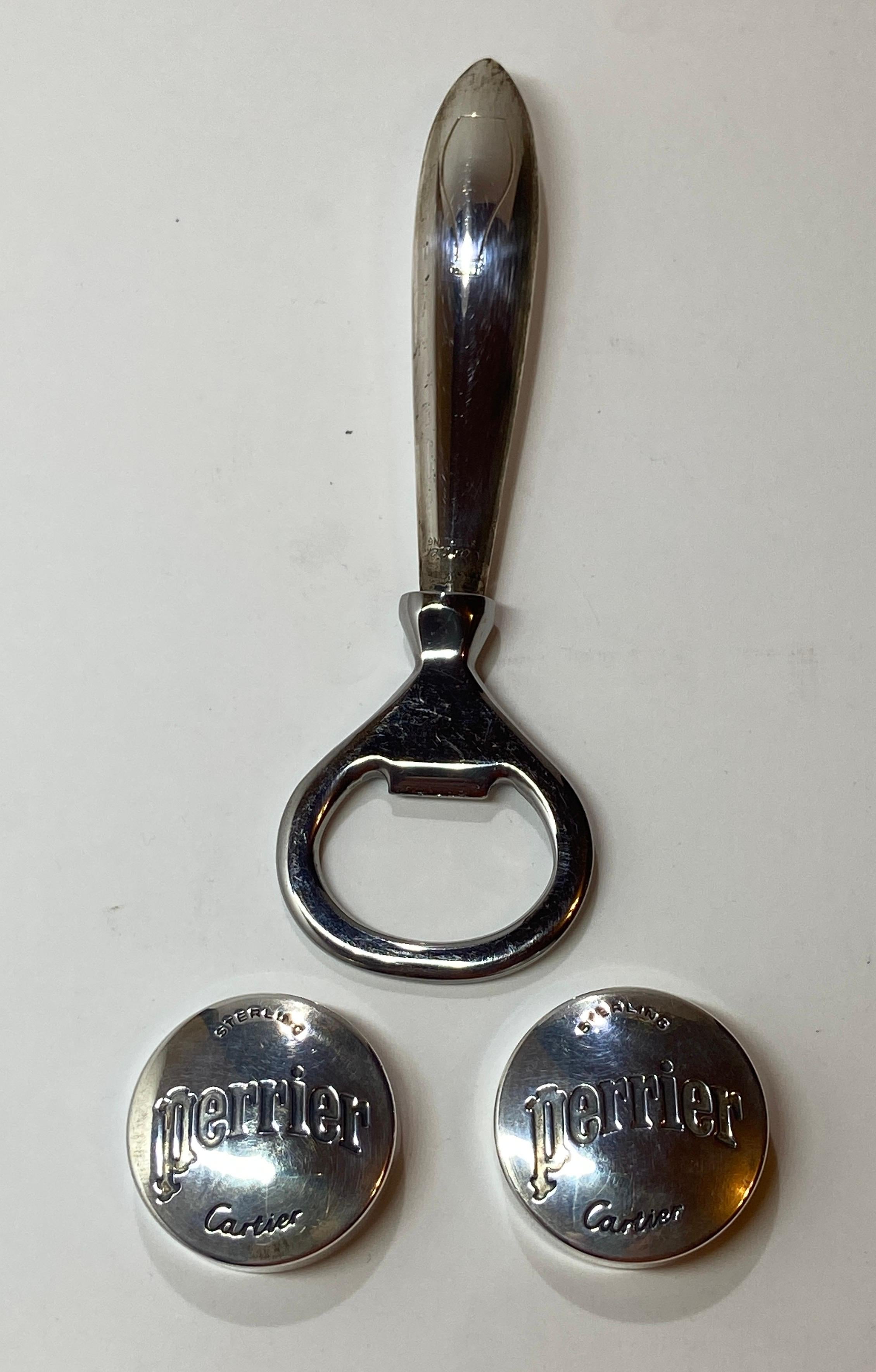 Cartier Boxed Sterling Silver Set of Perrier Bottle Caps and Bottle Opener For Sale 8
