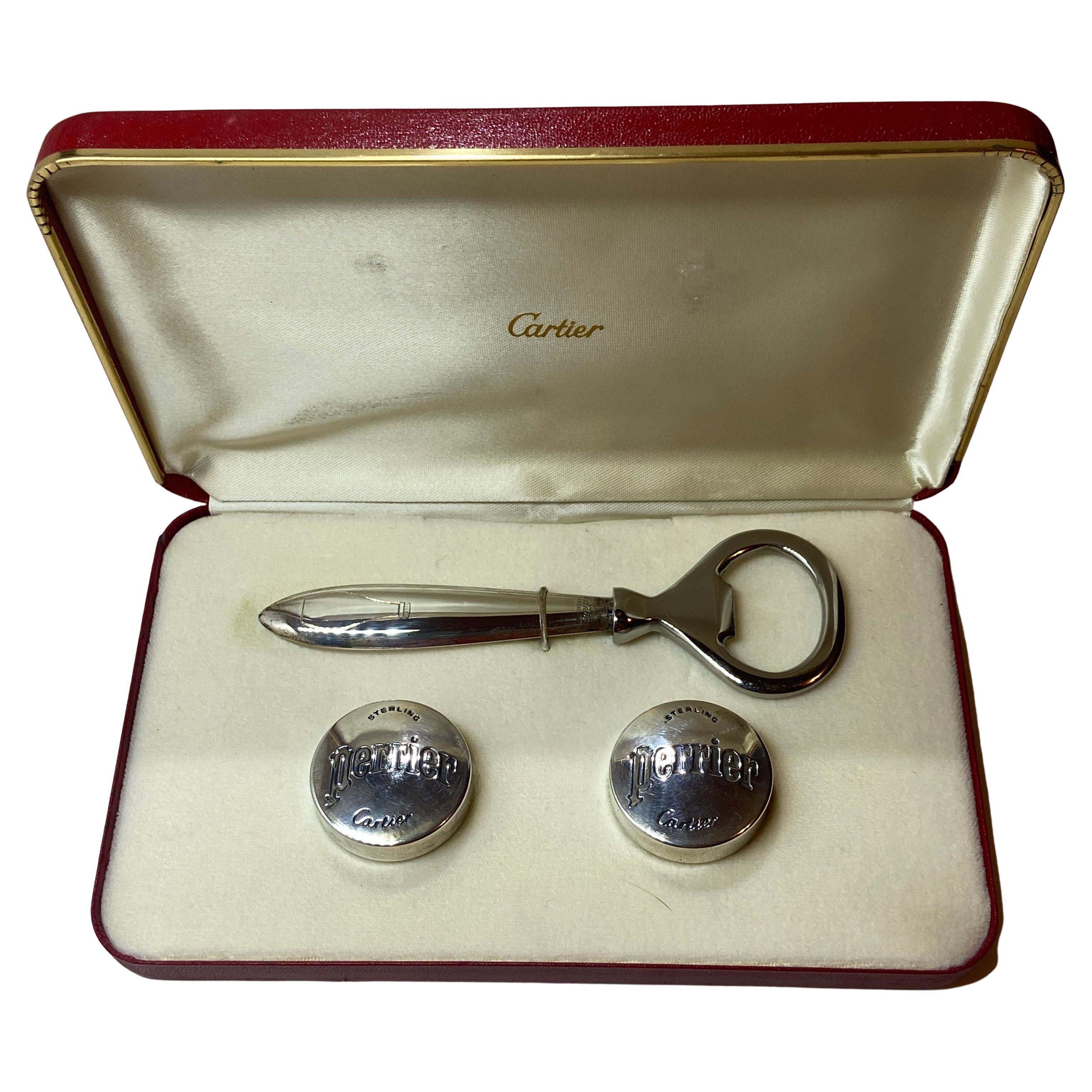 Cartier Boxed Sterling Silver Set of Perrier Bottle Caps and Bottle Opener For Sale