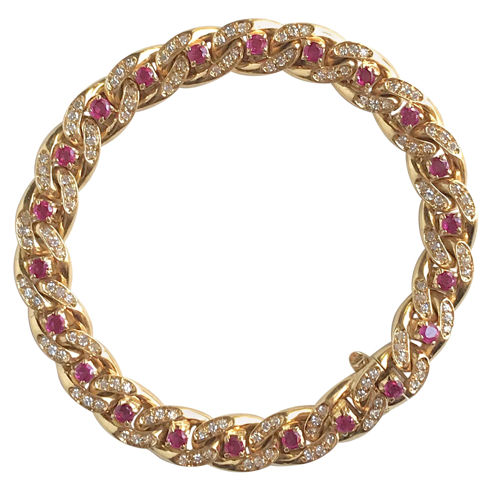 Cartier Bracelet 18 Karat Gold Gourmet Link, Rubies, Diamonds For Sale