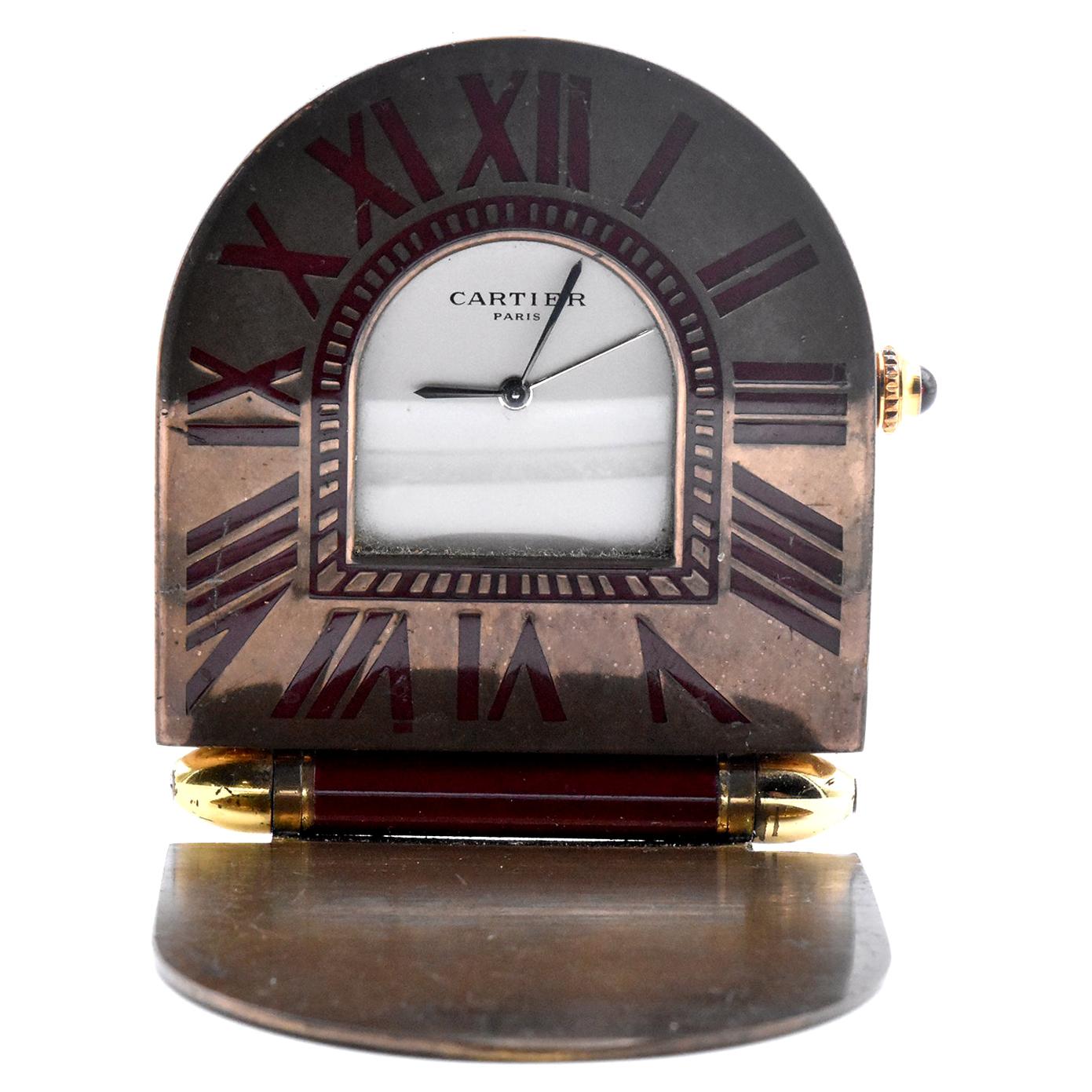 Cartier Brass Travel Alarm Clock with Red Roman Numerals