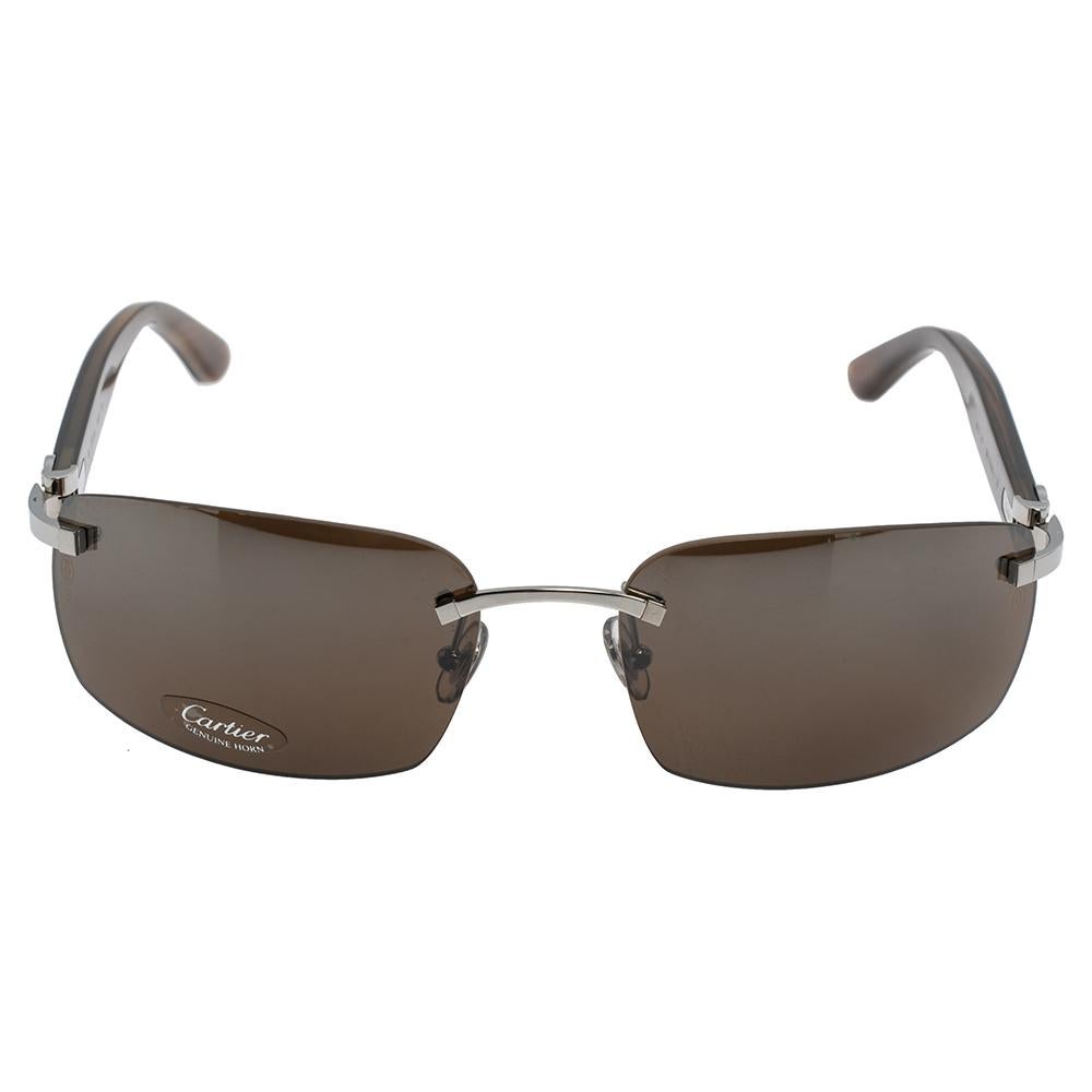 Cartier Brown Acetate Buffalo Horn Temple C Decor Sunglasses