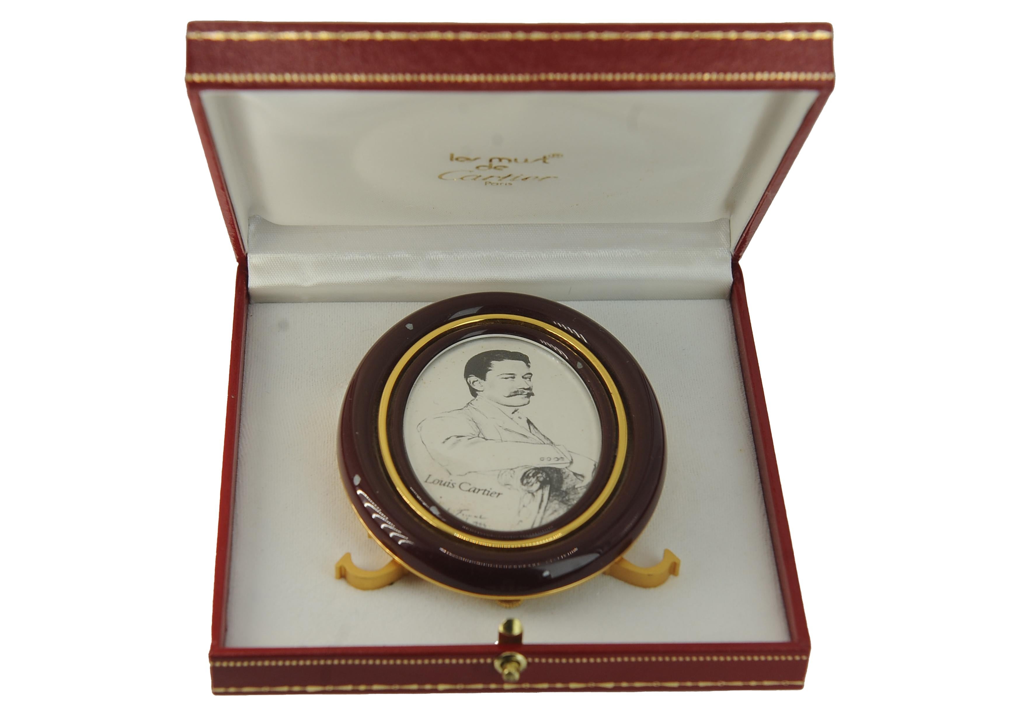 Cartier Brown Enamel And Gold Plated Easel Back Photo Frame of Oval Form For Sale