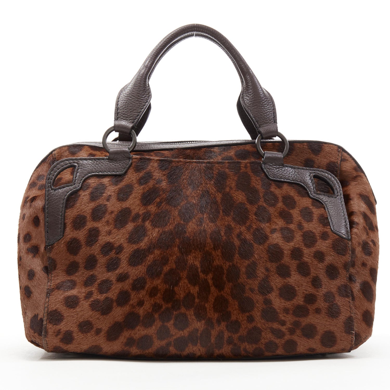 CARTIER brown leopard print pony hair leather small top handle boston bag  at 1stDibs