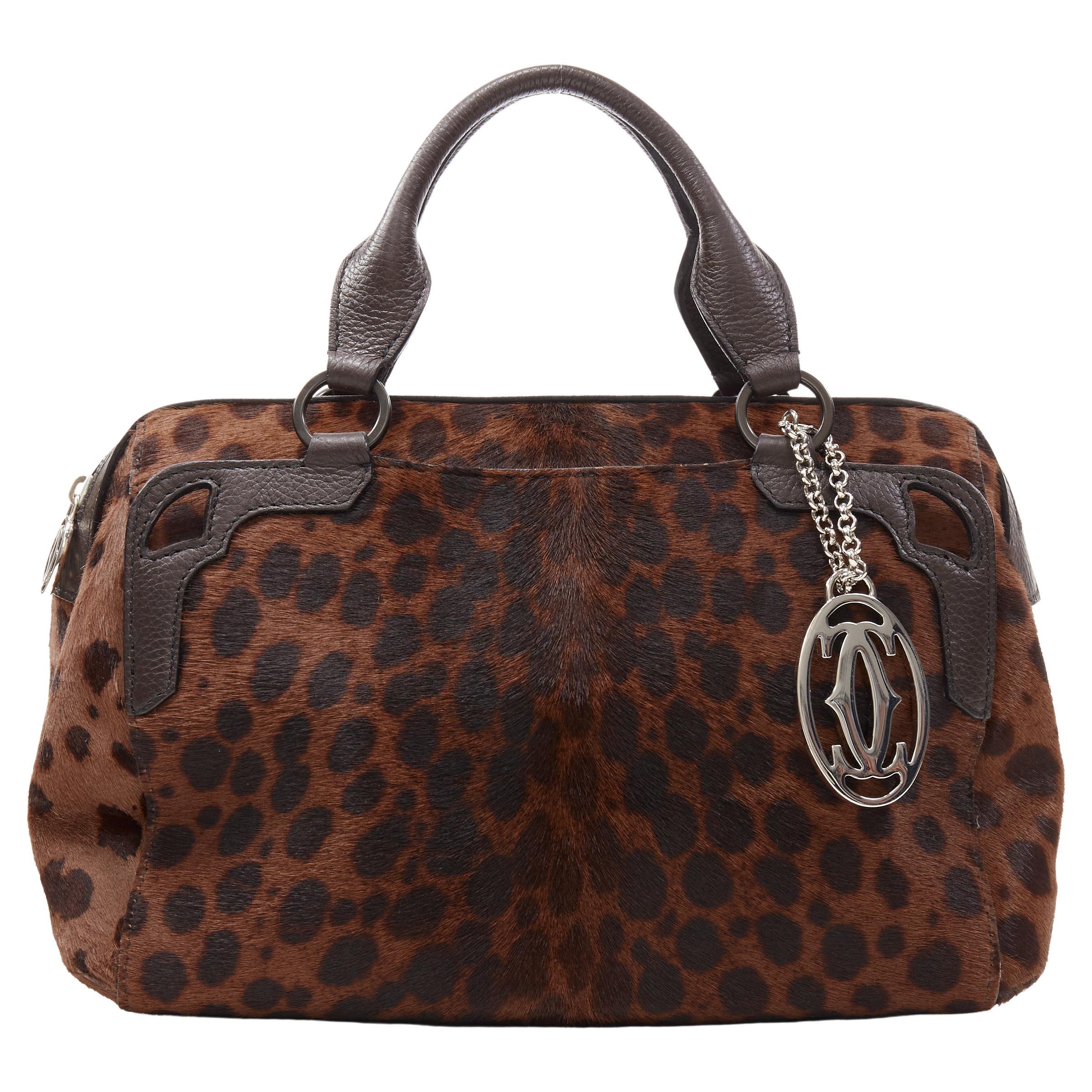 CARTIER brown leopard print pony hair leather small top handle boston bag