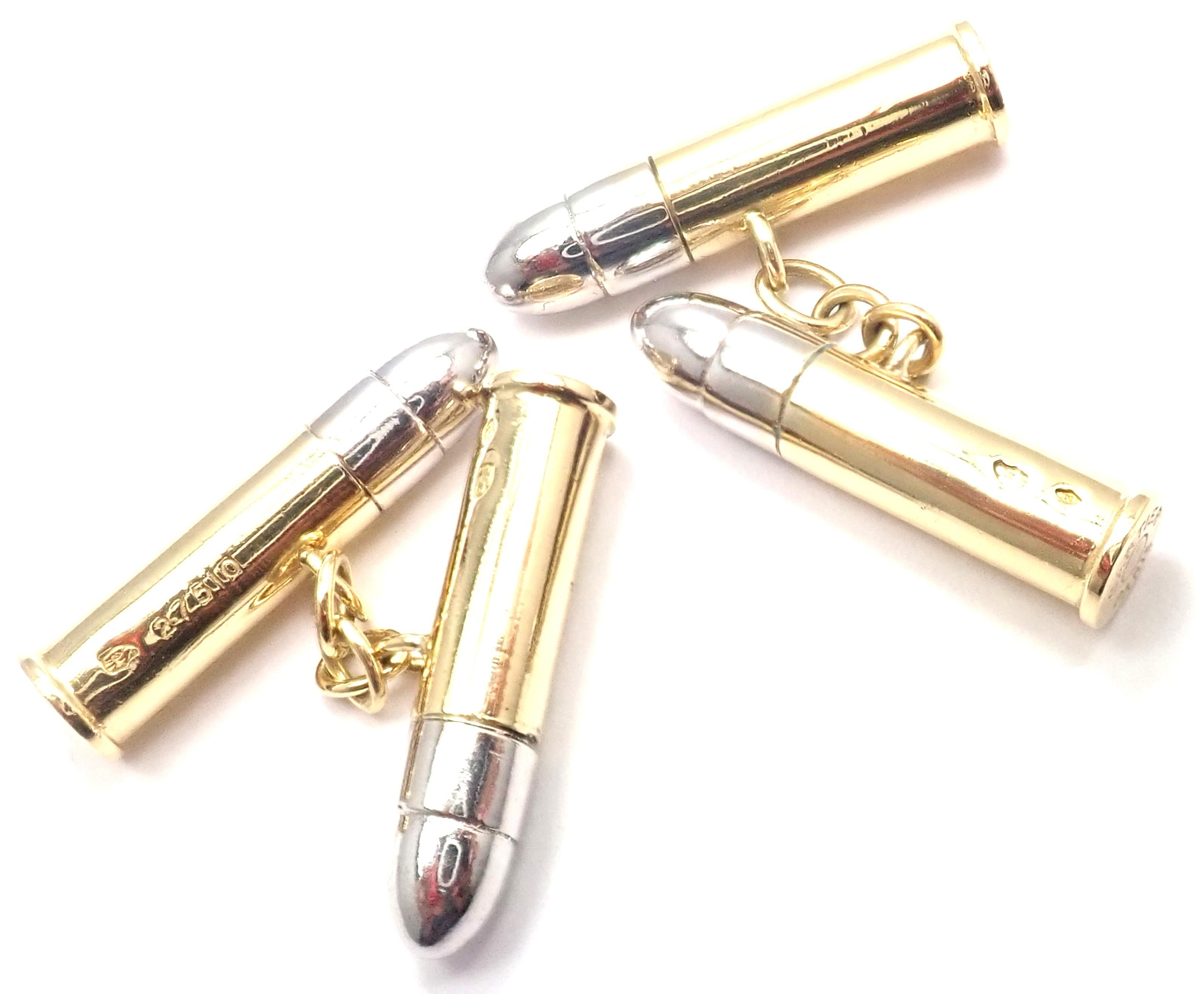 18k Yellow And White Gold Bullet Shape Cufflinks by Cartier. 
Details: 
Measurements: 25mm x 6.5mm
Weight: 27.4 grams
Stamped Hallmarks: Cartier Paris 27510 French Hallmarks
*Free Shipping within the United States*
Your Price: $6,500
T2561tndd