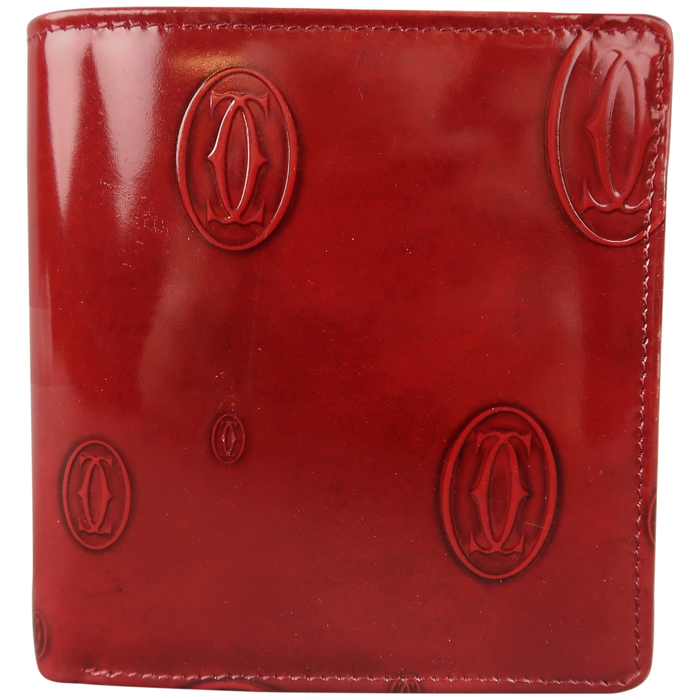 CARTIER Burgundy Logo Embossed Patent Leather Bifold Happy Birthday Wallet