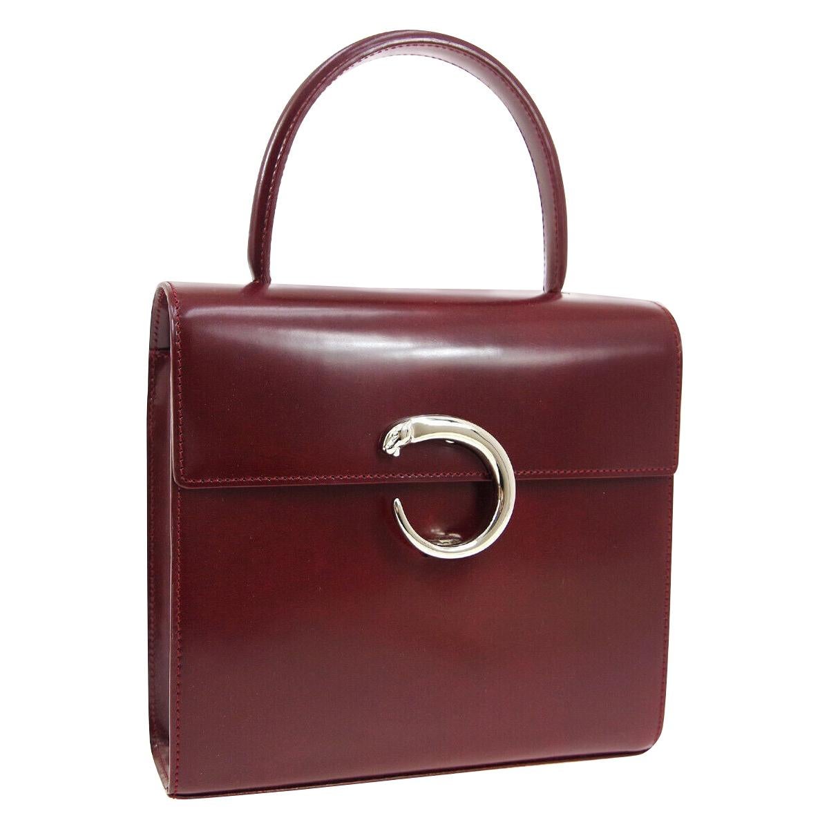 Cartier Burgundy Patent Leather Silver Emblem Kelly Style Top Handle Satchel Bag