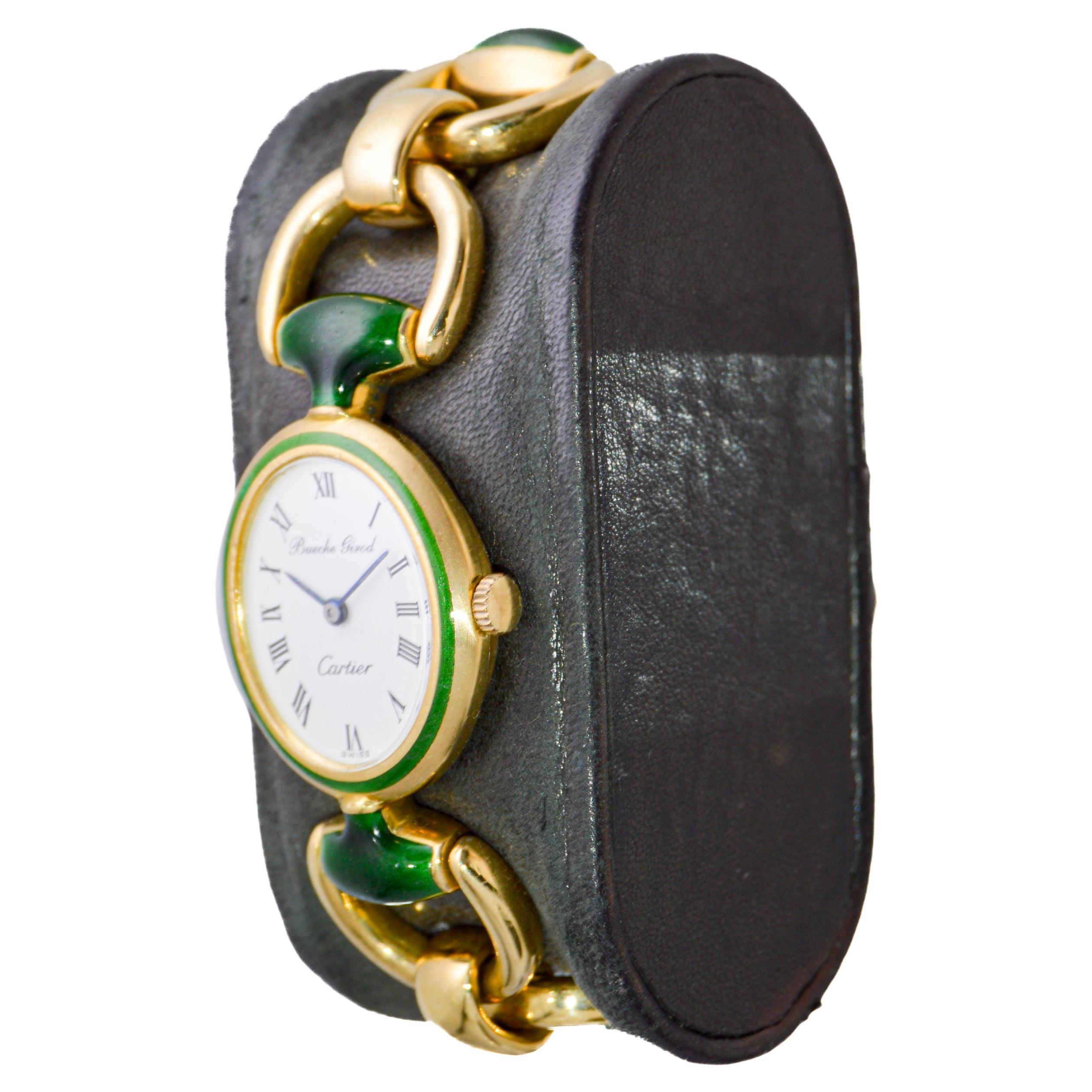 Modernist Cartier by Bueche Girod Yellow Gold Enamel Manual Wind Watch, circa 1970s For Sale