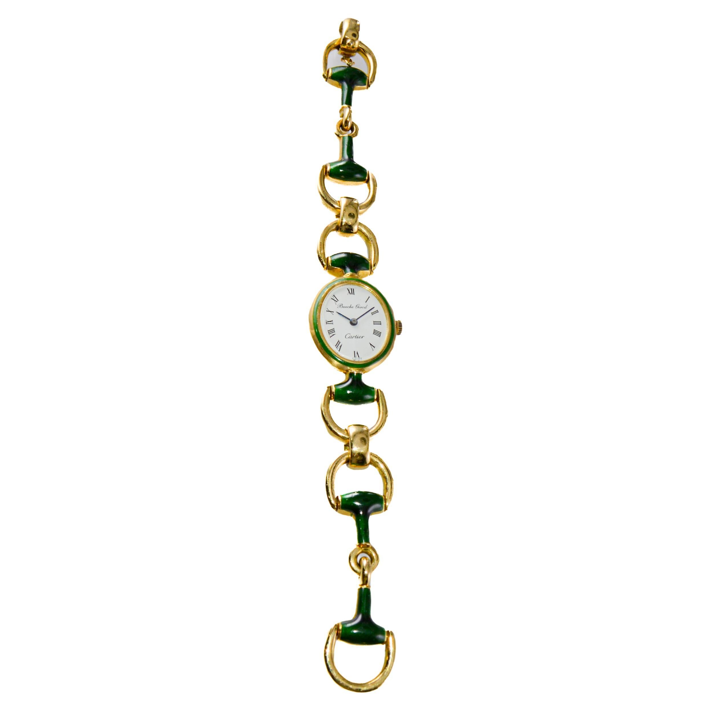 Modernist Cartier by Bueche Girod Yellow Gold Enamel Manual Wind Watch, circa 1970s For Sale