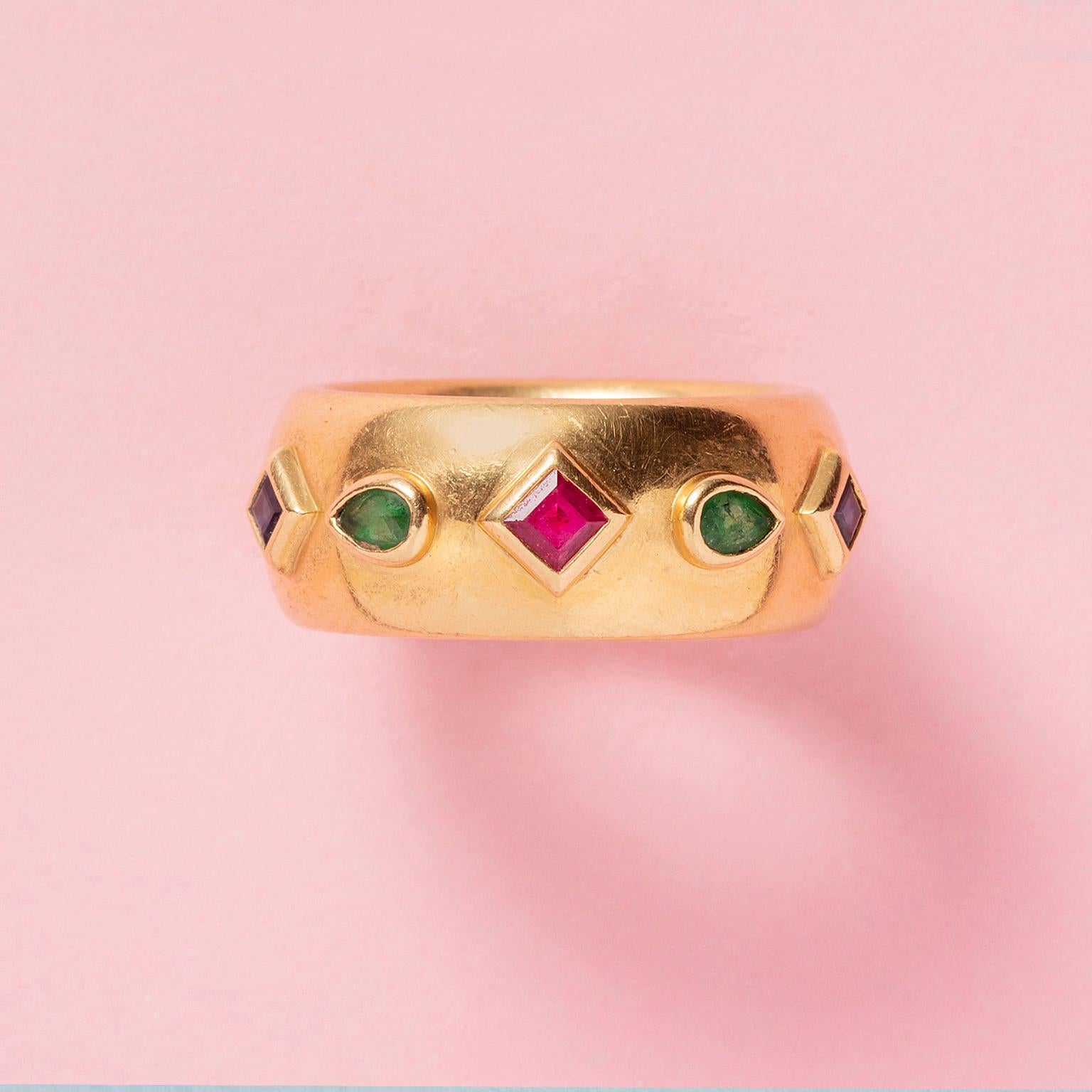 Emerald Cut Cartier, Byzantine 18 Carat Gold Band Ring with Ruby, Sapphire and Emerald